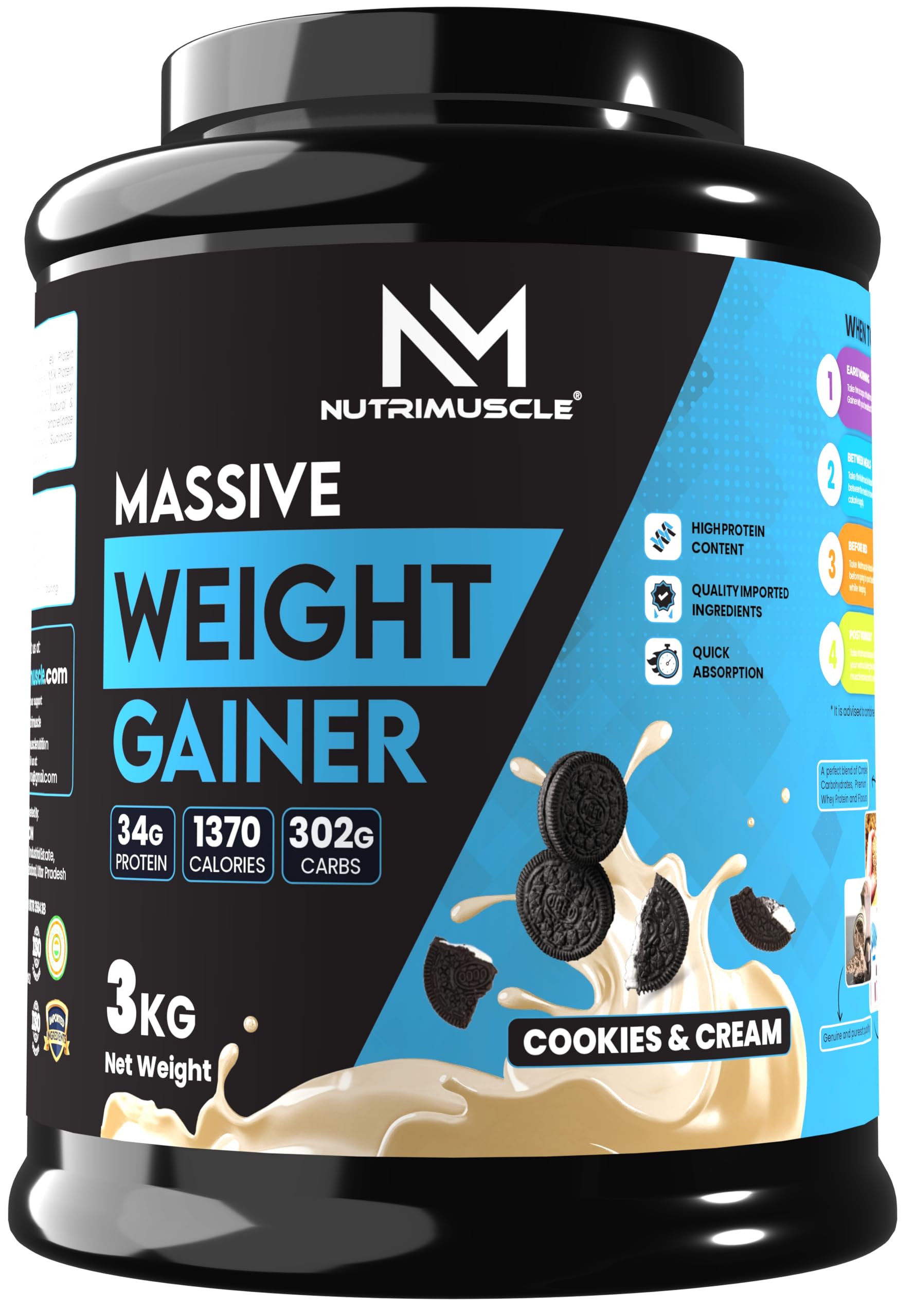 Nutrimuscle ® Massive Weight Gainer - 3 Kgs - Cookies and Cream Flavour - Contains Complex Carbohydrates for Healthy Weight Gain