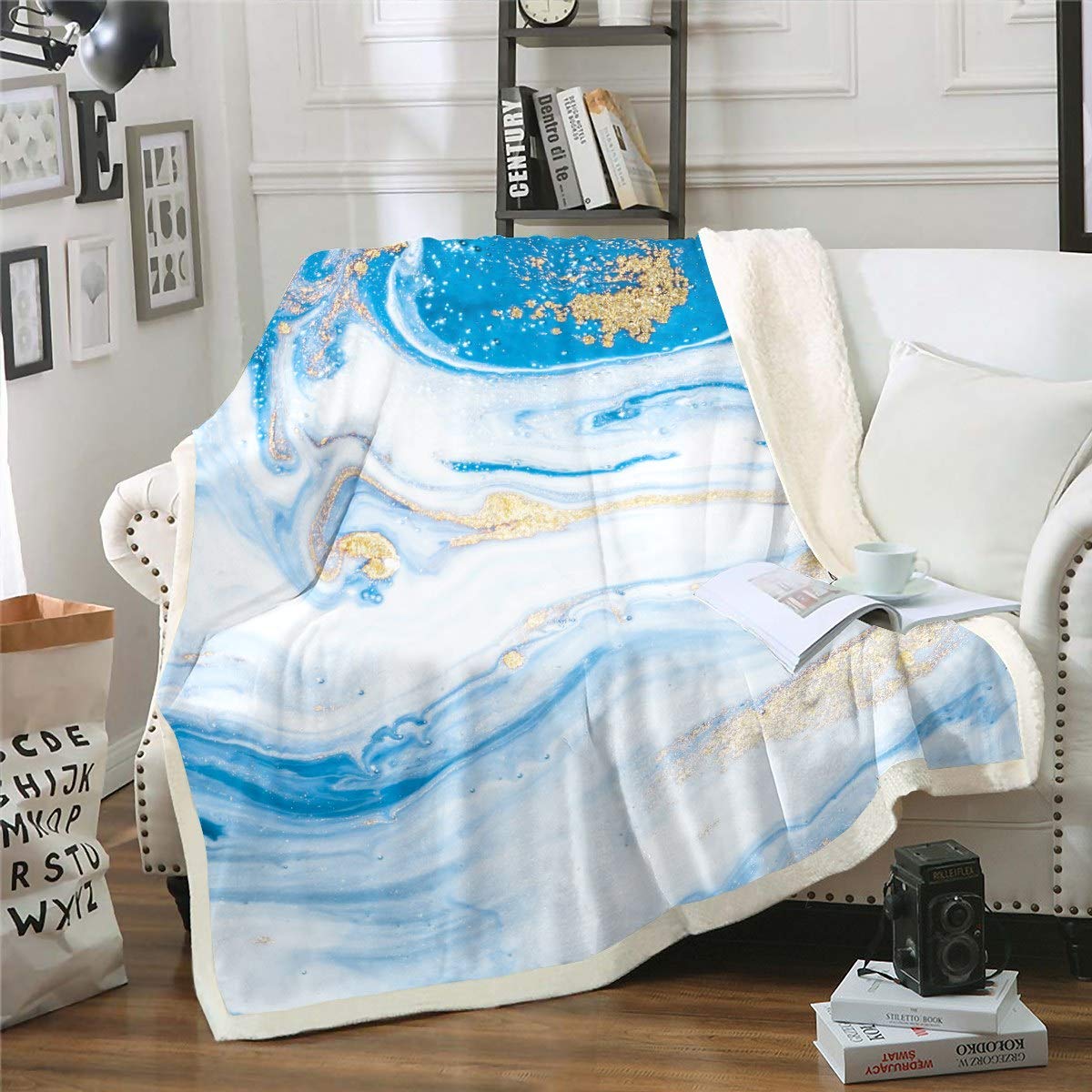 Luxury Marble Man Woman Adults Blue Marble Printed Fleece Blankets Abstract Art Sherpa Blanket Modern Marble Design CCCCCsfor Couch Bed Sofa King 87"*94" — image 1