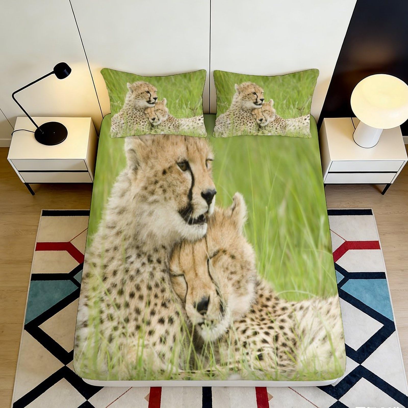 3D Printed Cheetah Grassland Fitted Sheet Microfiber Soft Non-Slip Bed Cover for Bedroom Guest Room Decor 90x200x25cm