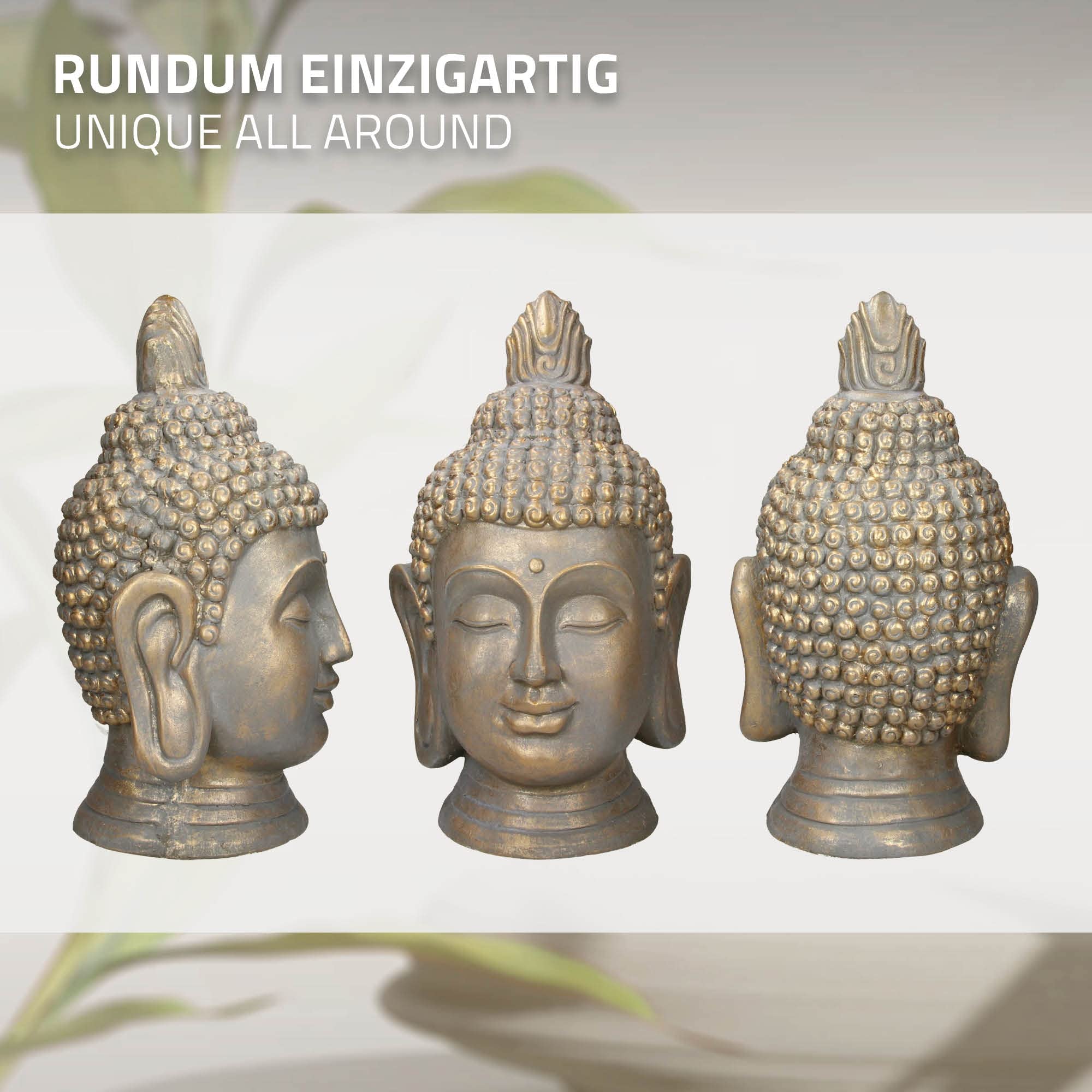 ECD Germany Statua Testa di Buddha 31 x 29 x 53 cm - in Poliresina - Aspetto Bronzo - per Yoga, Feng Shui o Meditazione - Casa o Giardino - Figura Decorativa Scultura Ornamentale da Interno/Esterno