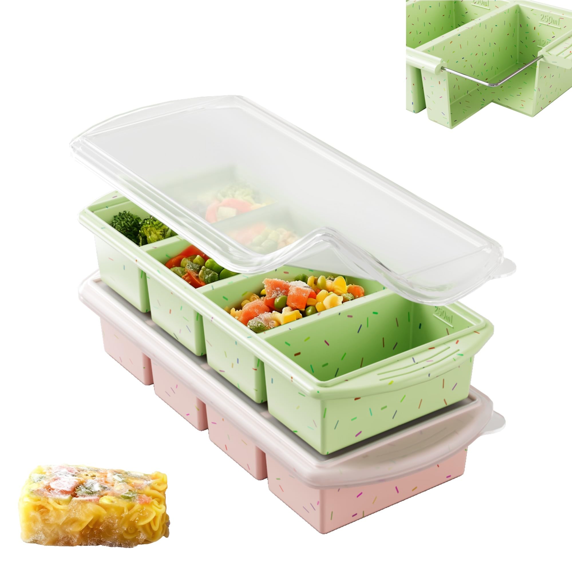 Theuwnee® 2-Pack Silicone Freezer Tray with Lid - Soup Freezer Container molds - Large Ice Cube Tray- Makes 8 Perfect 1 Cup portions Cubes, Freezer Storage Food Soups & Meal Prep (Rose+Blue)
