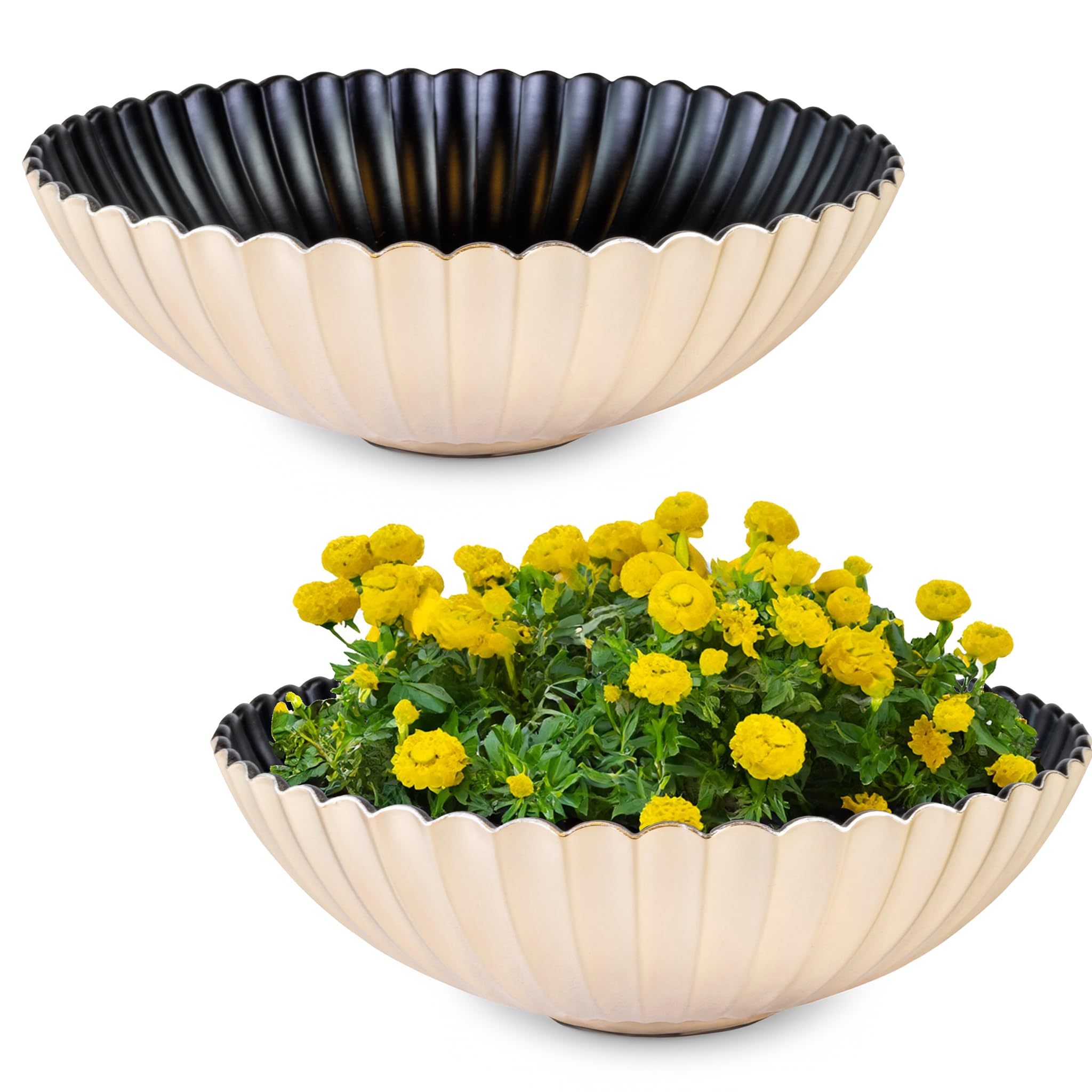 matches21 HOME & HOBBY Wavy Plant Bowls for Outdoor Use in 28 x 8 cm Champagne Beige Weatherproof Flower Bowls