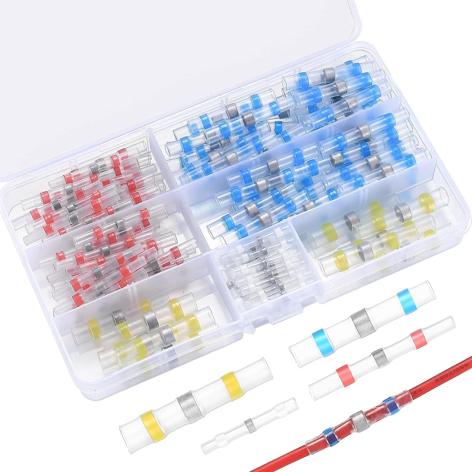 50pcs Solder Seal Wire Connector, Solder Seal Heat Shrink Butt Connectors Terminals Electrical Waterproof Insulated Marine Automotive Copper(23Red 12Blue 10White 5Yellow)