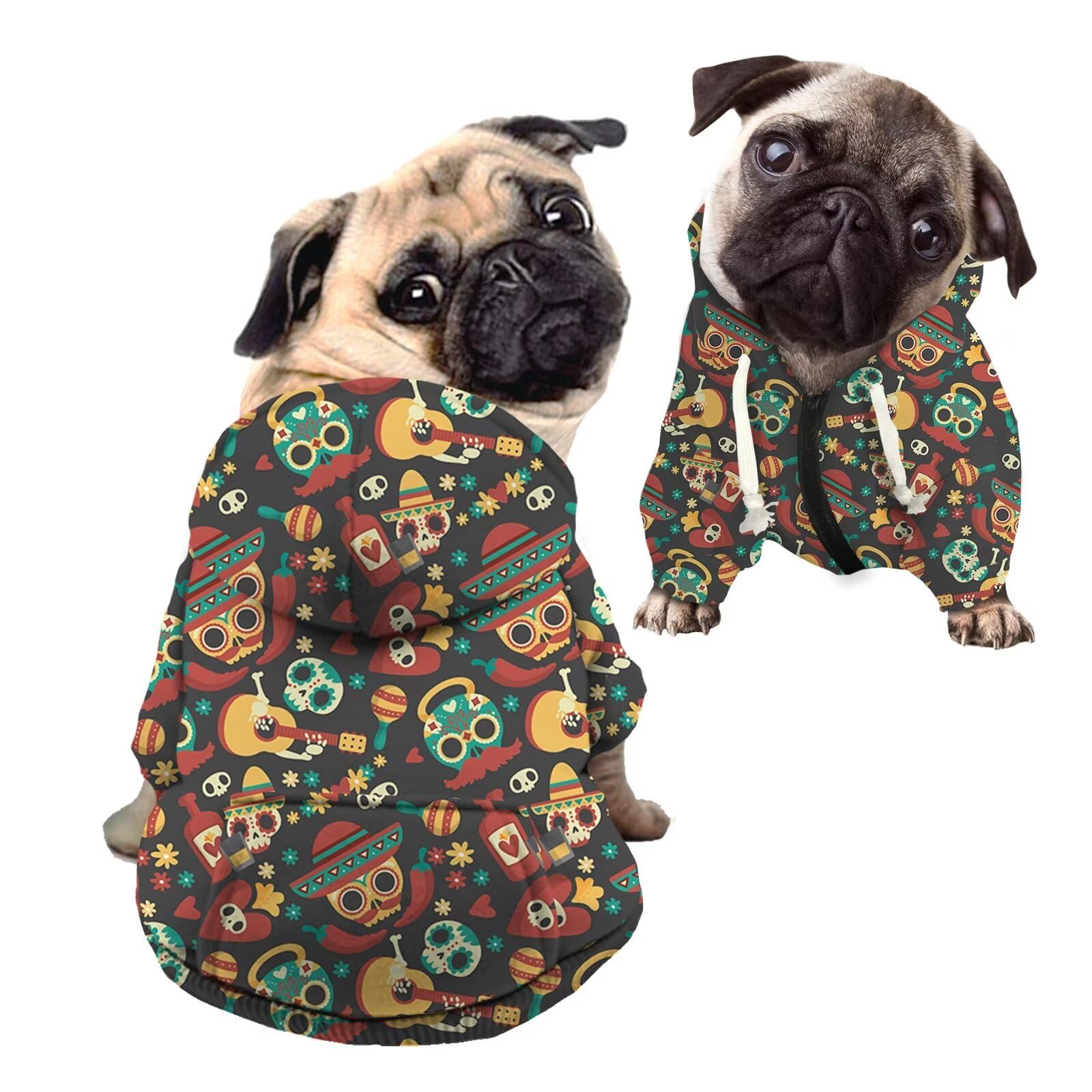 Howilath Dog Halloween Costume, Sugar Skull Cartoon Casual Pet Clothes, Day of Dead Skull Sweatshirt Dog Coat, Soft Dog Sweater Sweatshirt with Hat - M — image 1