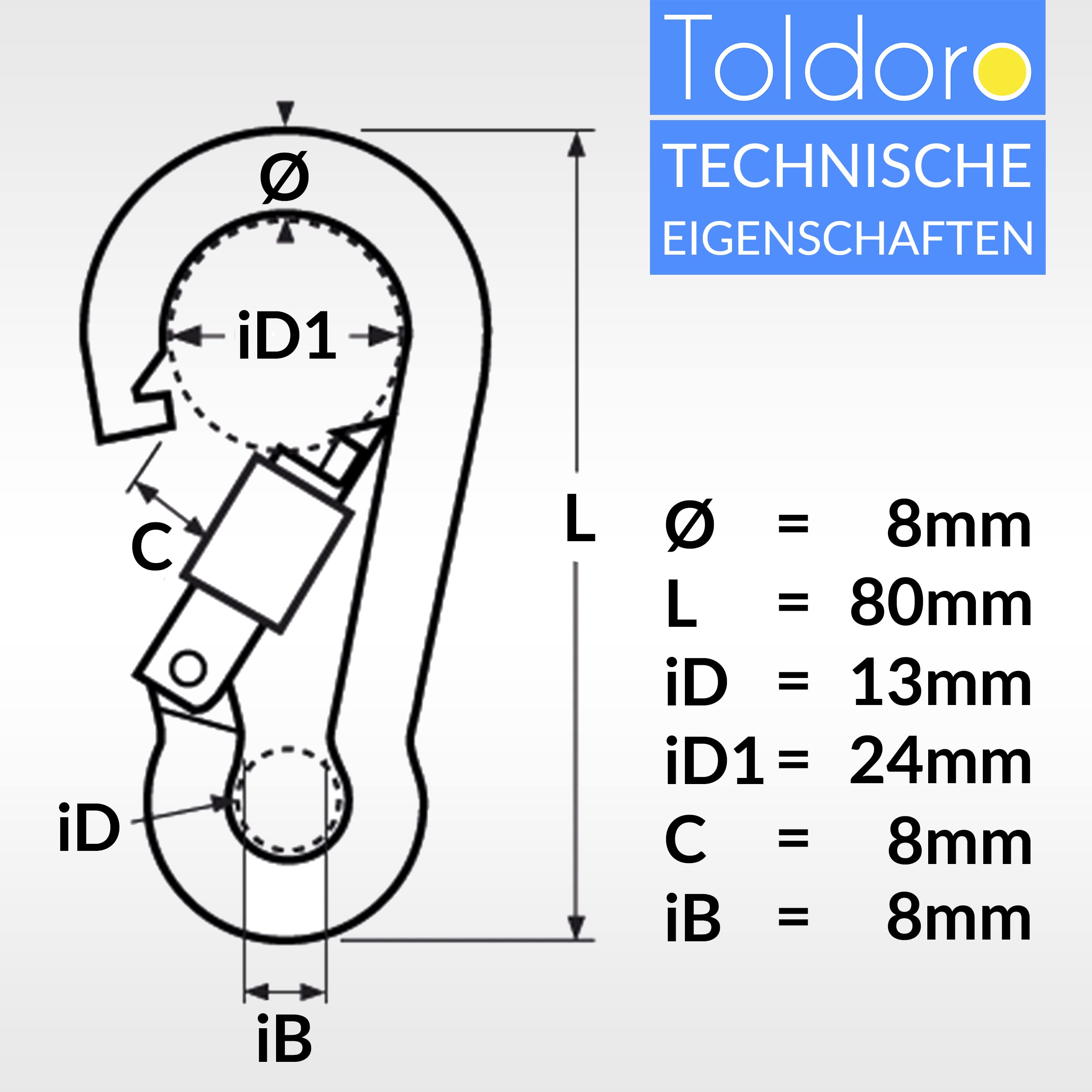 Toldoro® 10x Edelstahl Karabiner mit Schraubverschluss 80mm Rostfrei - NIRO AISI 316 V4A / Karabinerhaken Klein für Schaukel, Hängematte oder Sonnensegel/Schraubkarabiner, Bruchlast 640kg