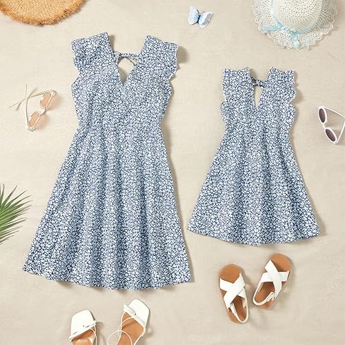 Miniatura 2 de Vestidos a juego para mamá y yo, con estampado floral, sin mangas, tirantes delgados, cuello en V, girasol, vestido de playa para madre e hija
