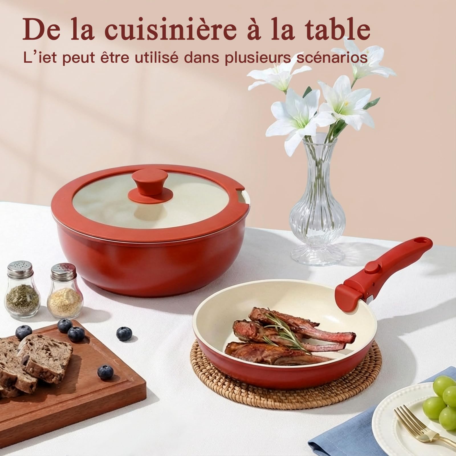 GiPP 5 PCS Set Poele et Casserole Induction Antiadhésive en Granit,Rouge | Batterie de Cuisine Tout Feux, Inclure Poêle/Casserole/Wok, Poignee Amovible pour Camping, Compatible Lave-vaisselle et Fours
