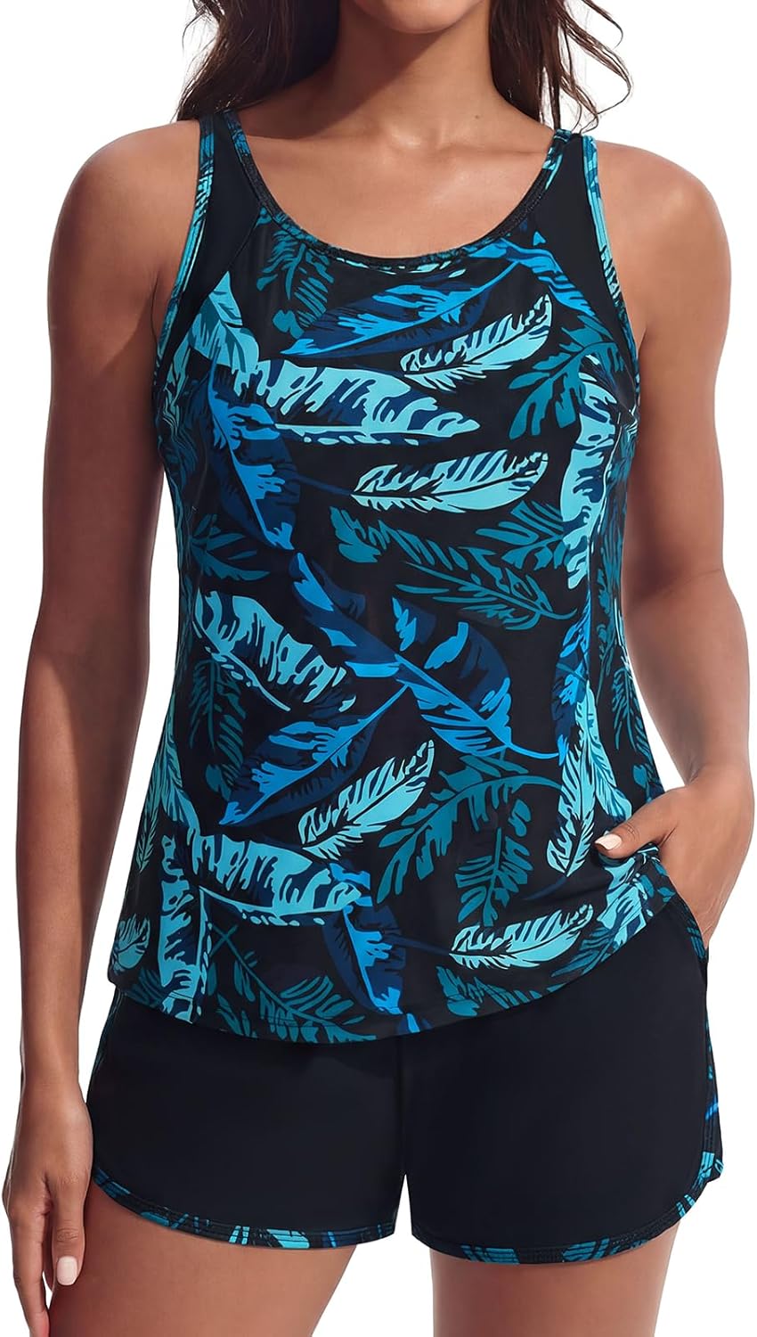 Hanna Nikole Women's Tankini Swimsuits Two Piece Tummy Control Bathing Suit with Athletic Pockets Swim Shorts Swimwear