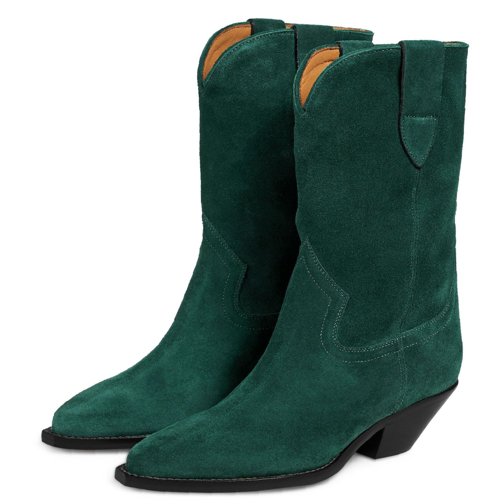 Womens Fashion Chunky Heel Cowgirl Western Boots Pointed Closed Toe Pull On Cowboy Low Block Heel Mid Calf