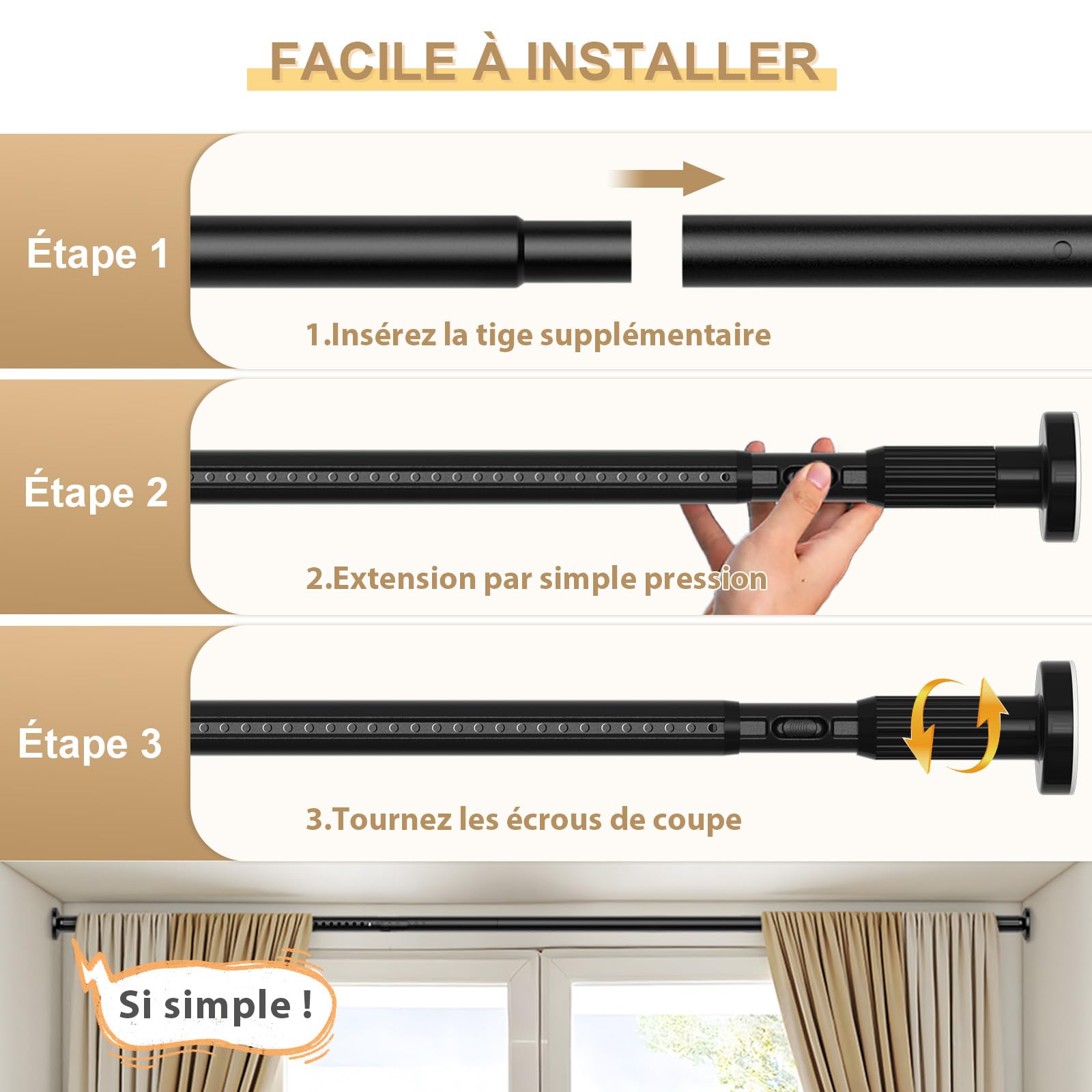 1 Barre Rideau Sans Percage 100-262 cm Barre Rideau Extensible,Barre Telescopique Tringle Rideau Extensible Sans Percage Pour Salle De Bain, FenêTre,Porte,Noir