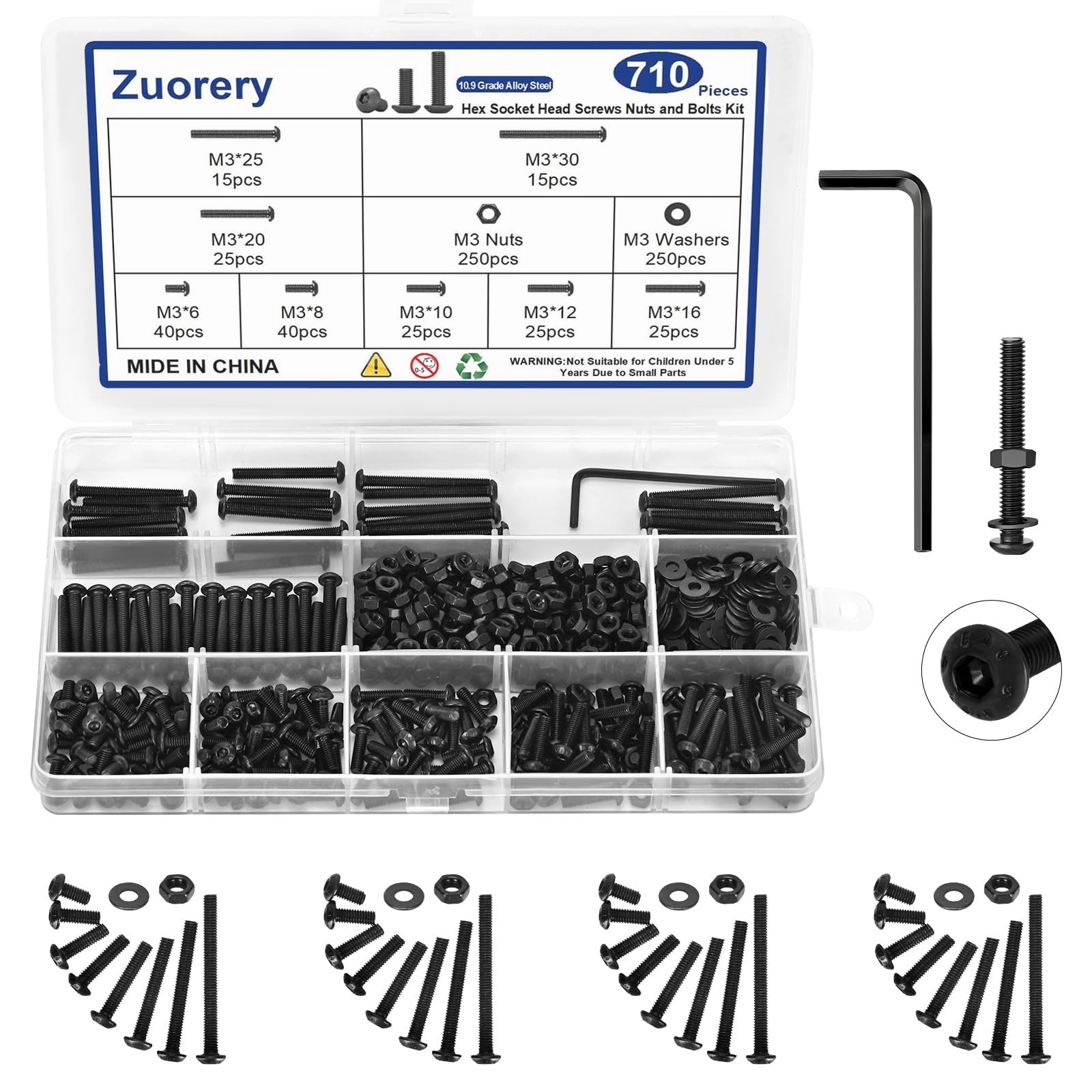 710PCS M3 Screw Assortment Kit, M3x6/8/10/12/16/20/25/30mm M3 Screw Kits, 10.9 Grade Alloy Steel Metric Hex Button Head Cap Screws, Nuts and Flat