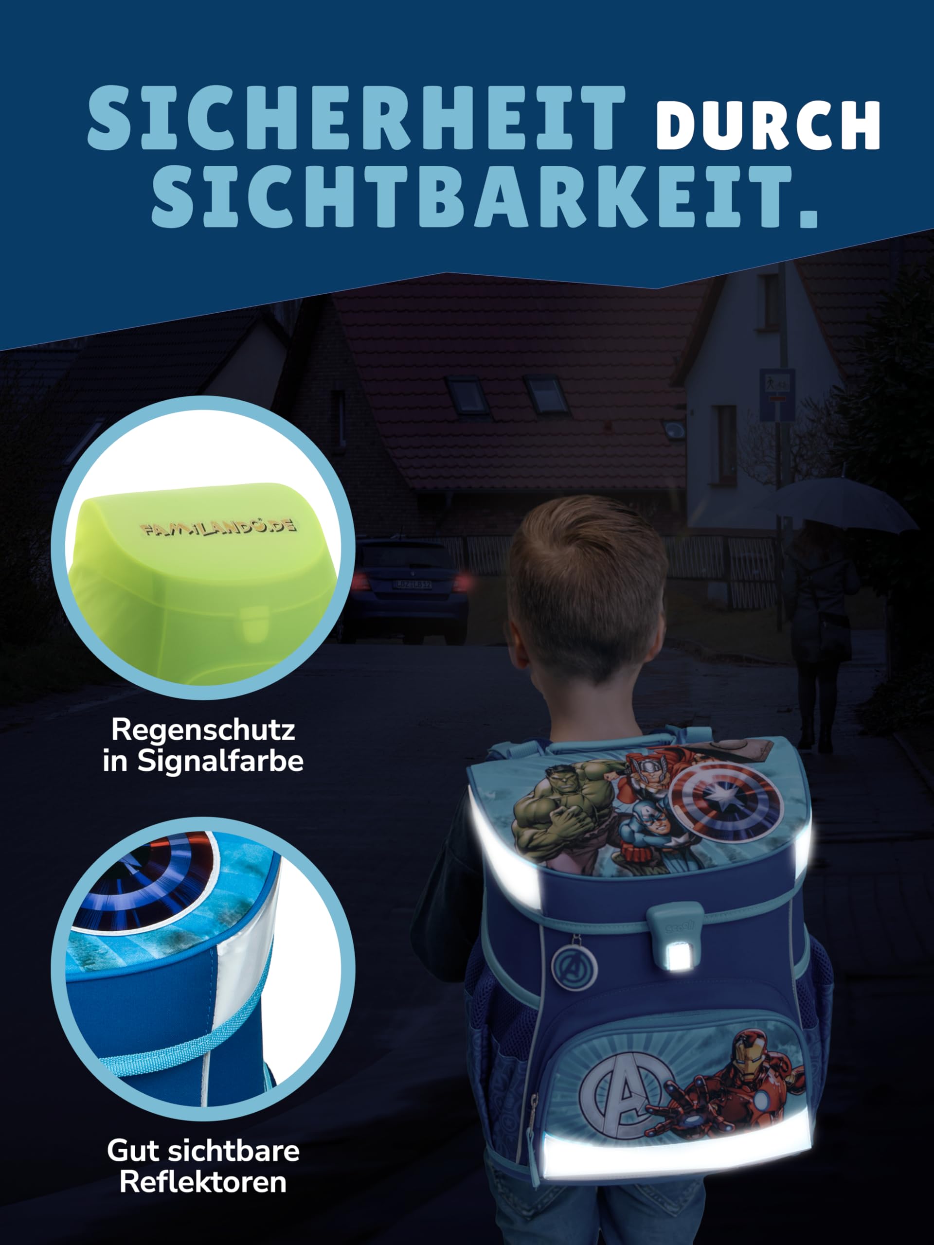 Familando - Scooli Campus Fit Schulranzen Set - 5-teilig mit Federmappe - Marvel Avengers Hell-Blau - Ergonomisch, stabil & 980g leicht - 18L Volumen - Brustgurt & Reflektoren - ab 1. Klasse
