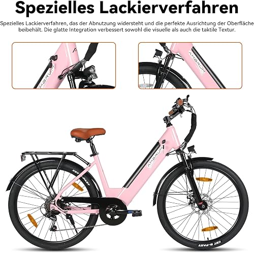 HILAND Vélo Électrique 26 Pouces, Vélo Ville Électrique 7 Vitesses avec Moteur 250W, Freins à Disque, Batterie 7,8Ah, VAE Urbain Homme Femme, Rose - 3