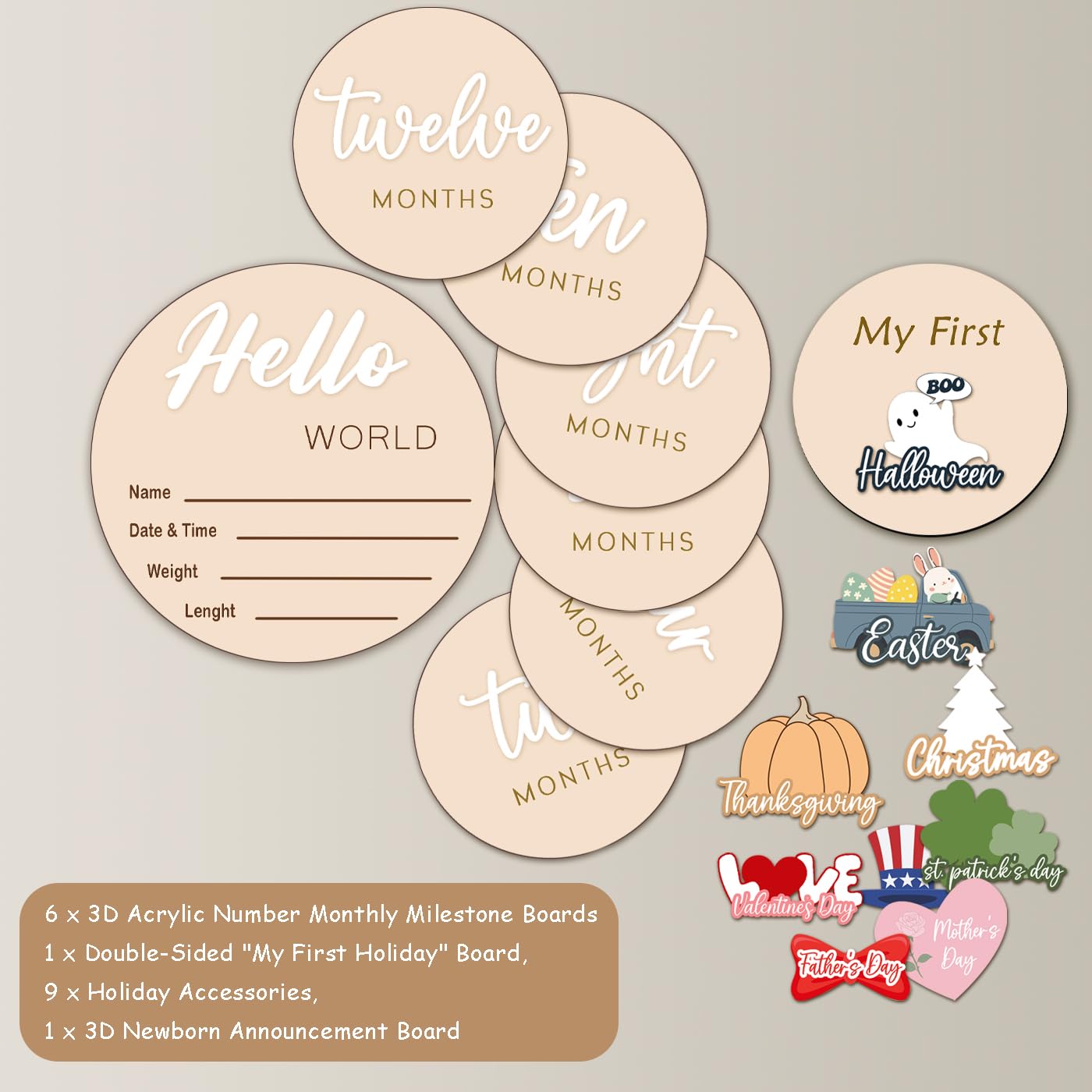 Monthly Baby Milestone Maker Discs, Baby Milestone Signs for Newborn Baby, Hello World Newborn Sign for Baby Girl & Boy, Baby Announcement Sign for 1-12 Month, Milestone Wooden Circles (White)