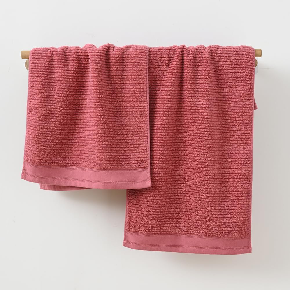 YiLUOMO Pink Hand Towel Set of 2 Ribbed Striped 100% Cotton Quick Dry Soft and Absorbent Bathroom Decorative Hand Towel 13 x 29 Inch - Image 2