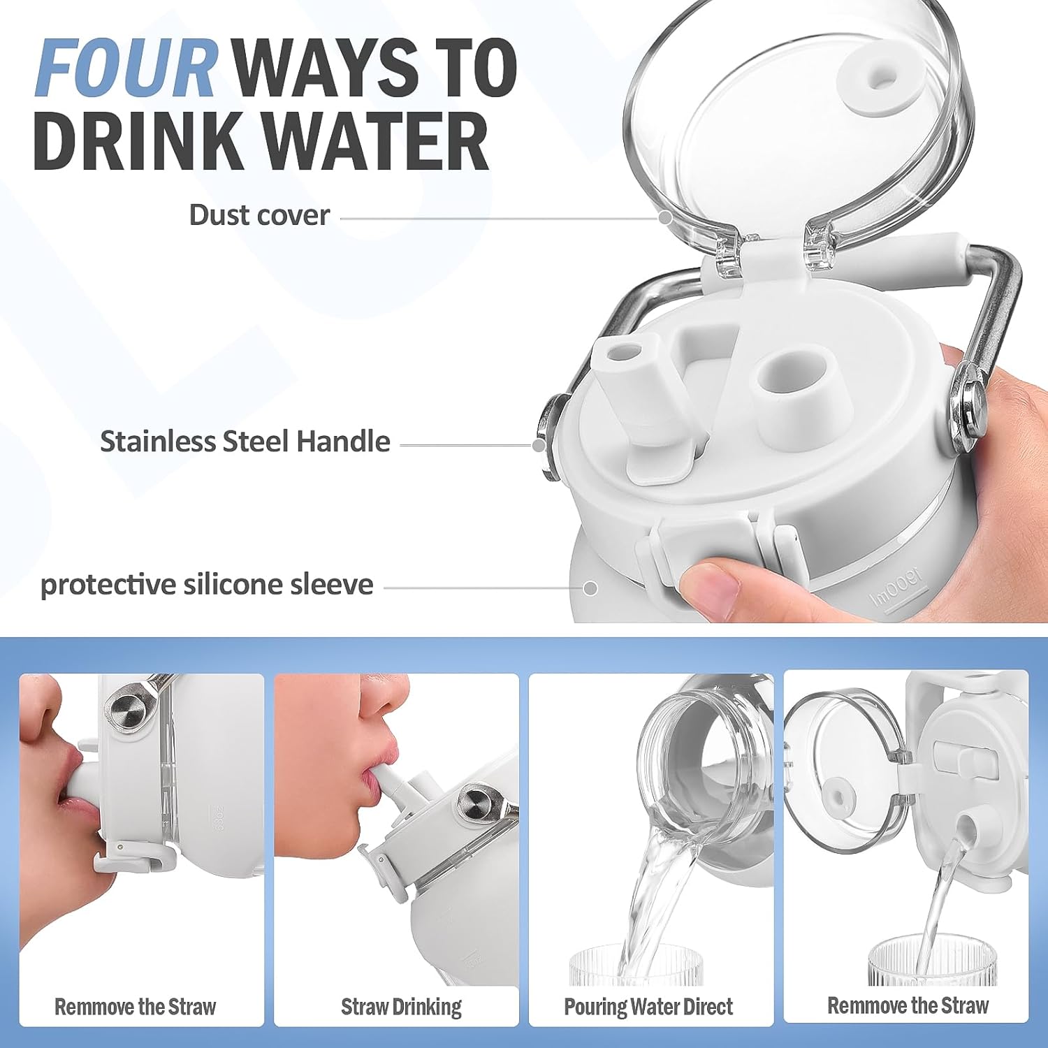 BLUEGO 64oz and 84oz Glass Water Bottles Bundle(64 LGreen + 84 White) with Straw and Lids Handle Large Water Tumbler with Sleeve, Glass Water Container, 2 Liter Water Jug Glass, BPA Free