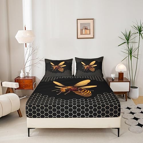 Miniatura 3 de Erosebridal Honey Bee - Sábana bajera ajustable tamaño matrimonial, color negro y dorado, diseño geométrico de panal de abeja, juego de ropa de cama