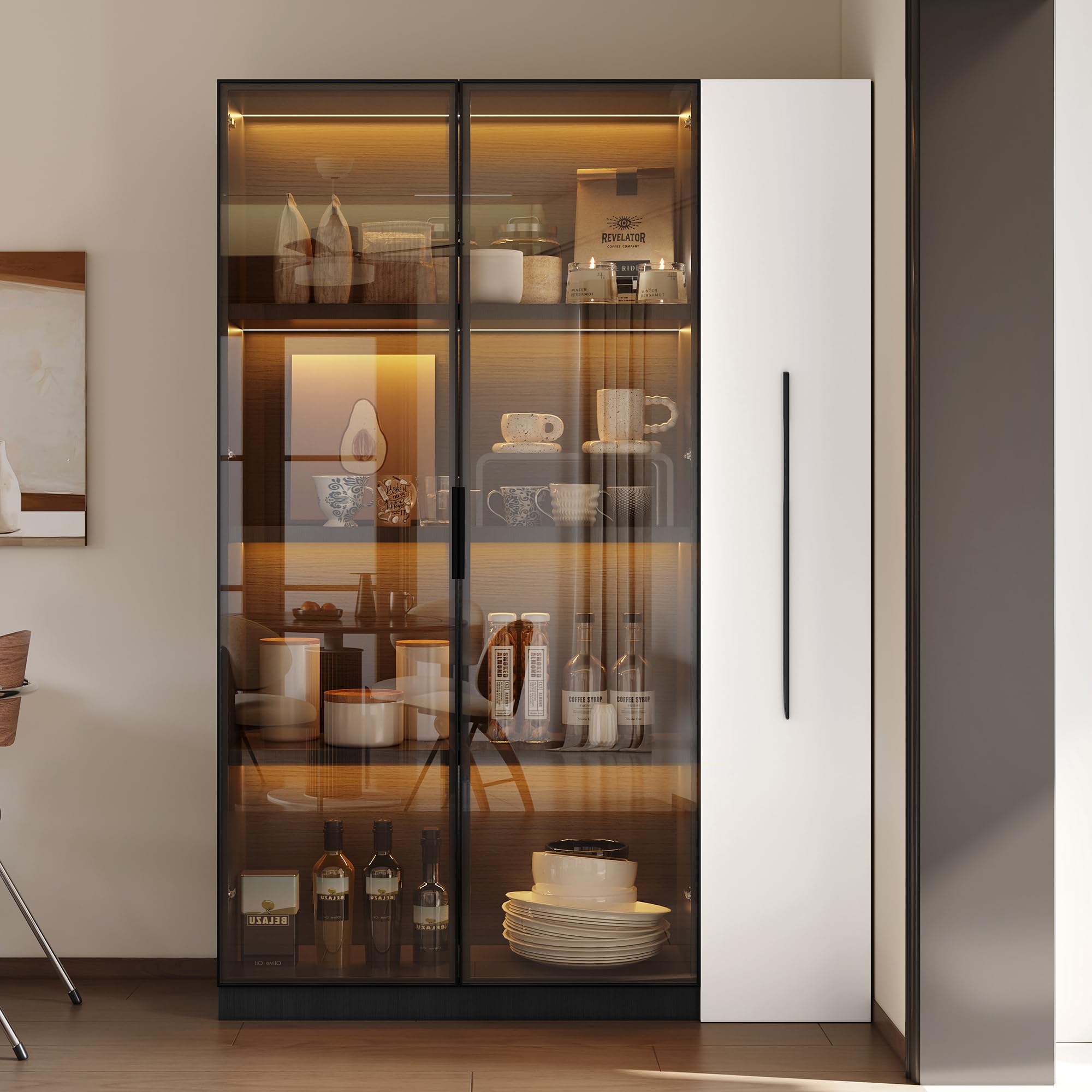Armadio multifunzione/alto/da sala da pranzo 110,5 x 35 x 160 cm, vetrina con anta in vetro e LED, estensione laterale, design in bianco e nero, stile moderno, (nero, 110,5 x 5 x 160 cm)