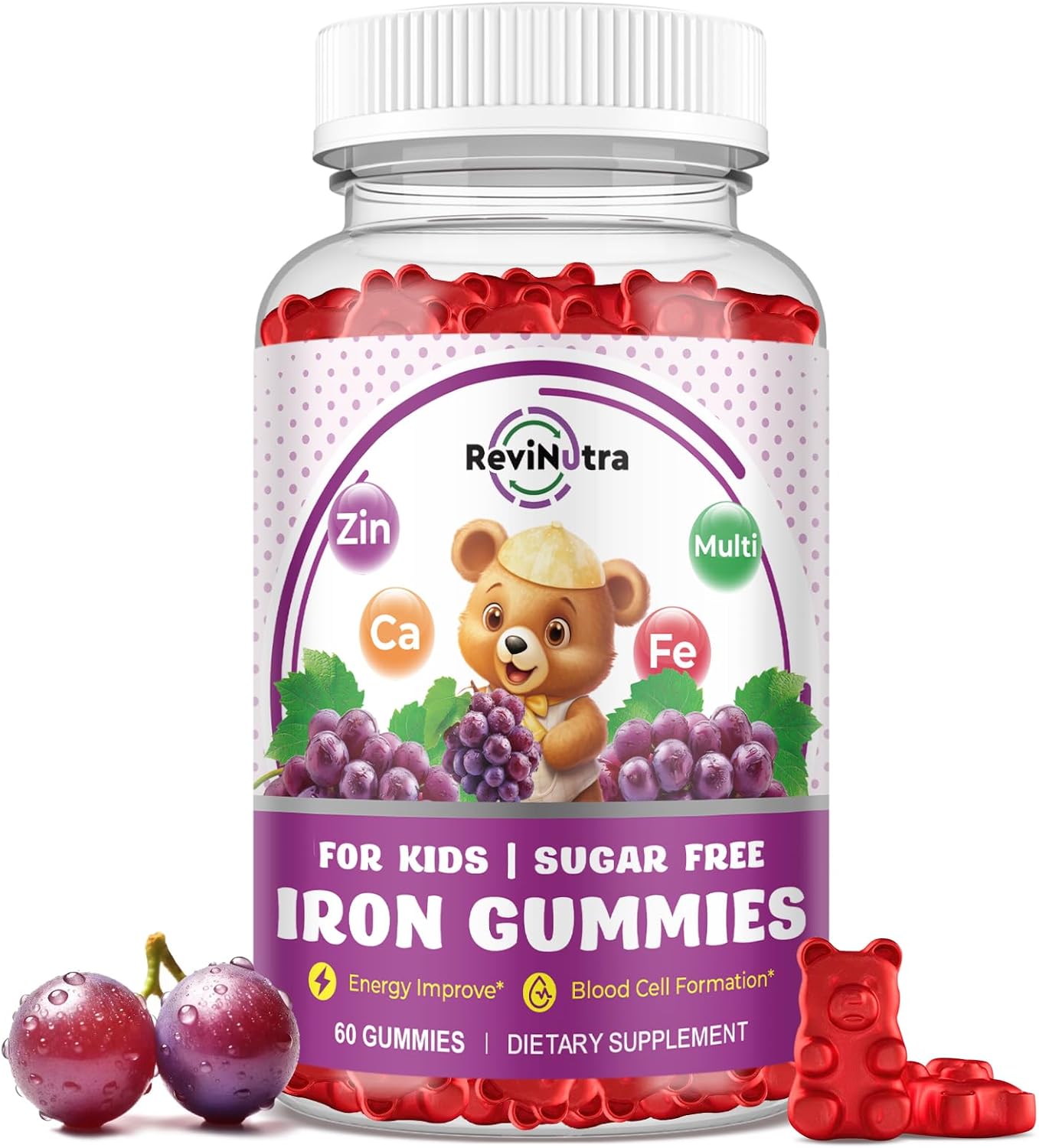 Iron Supplement Gummies for Kids - with Calcium, Zinc, Kids Multivitamin with Iron Gummies - Immune Support, Blood Builder & Energy Support for Iron Deficiency - 2 Pack Strawberry Flavour, 60 Gummies