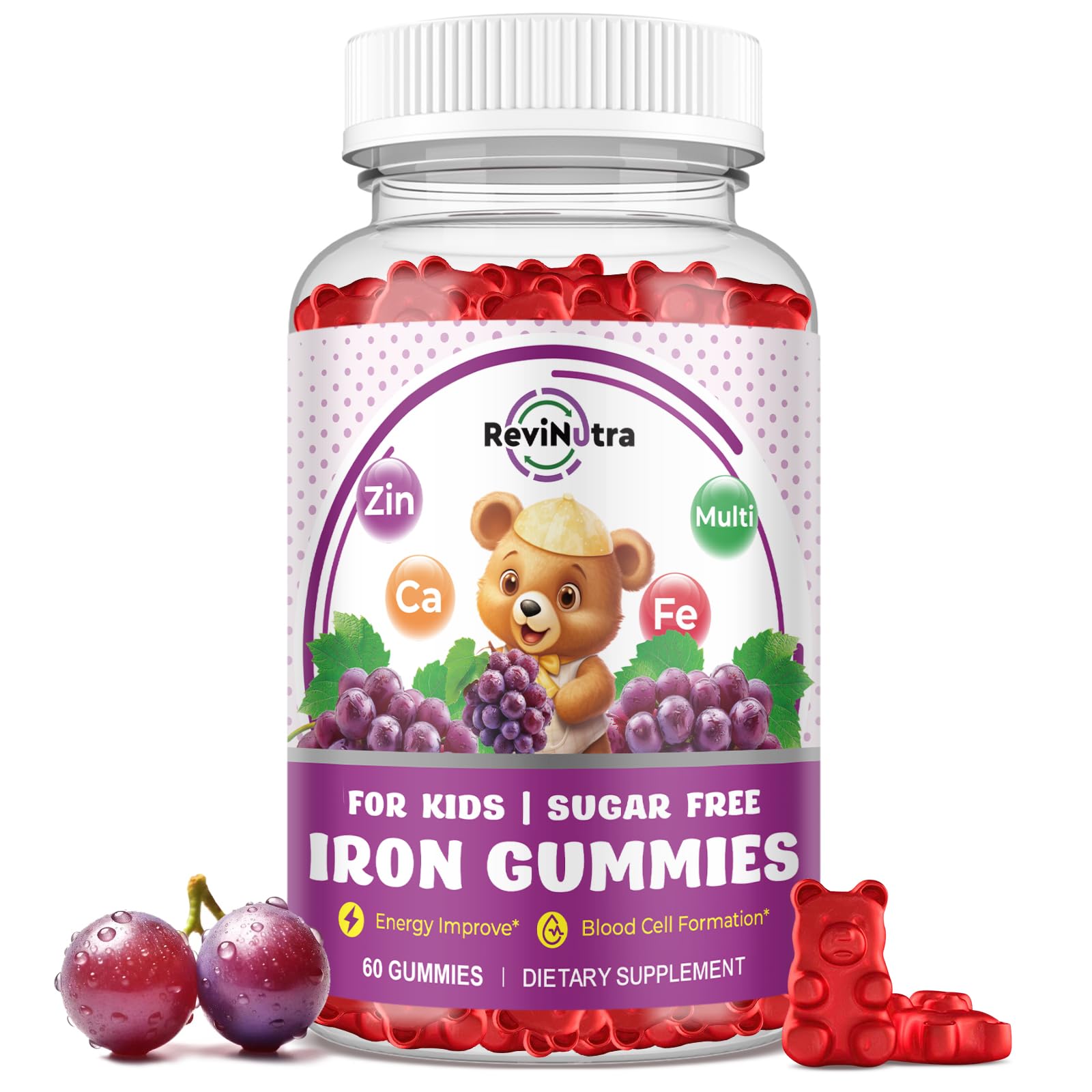 Iron Supplement Gummies for Kids - with Calcium, Zinc, Kids Multivitamin with Iron Gummies - Immune Support, Blood Builder & Energy Support for Iron Deficiency, Anemia, Vegan - 60 Count Grape Flavor