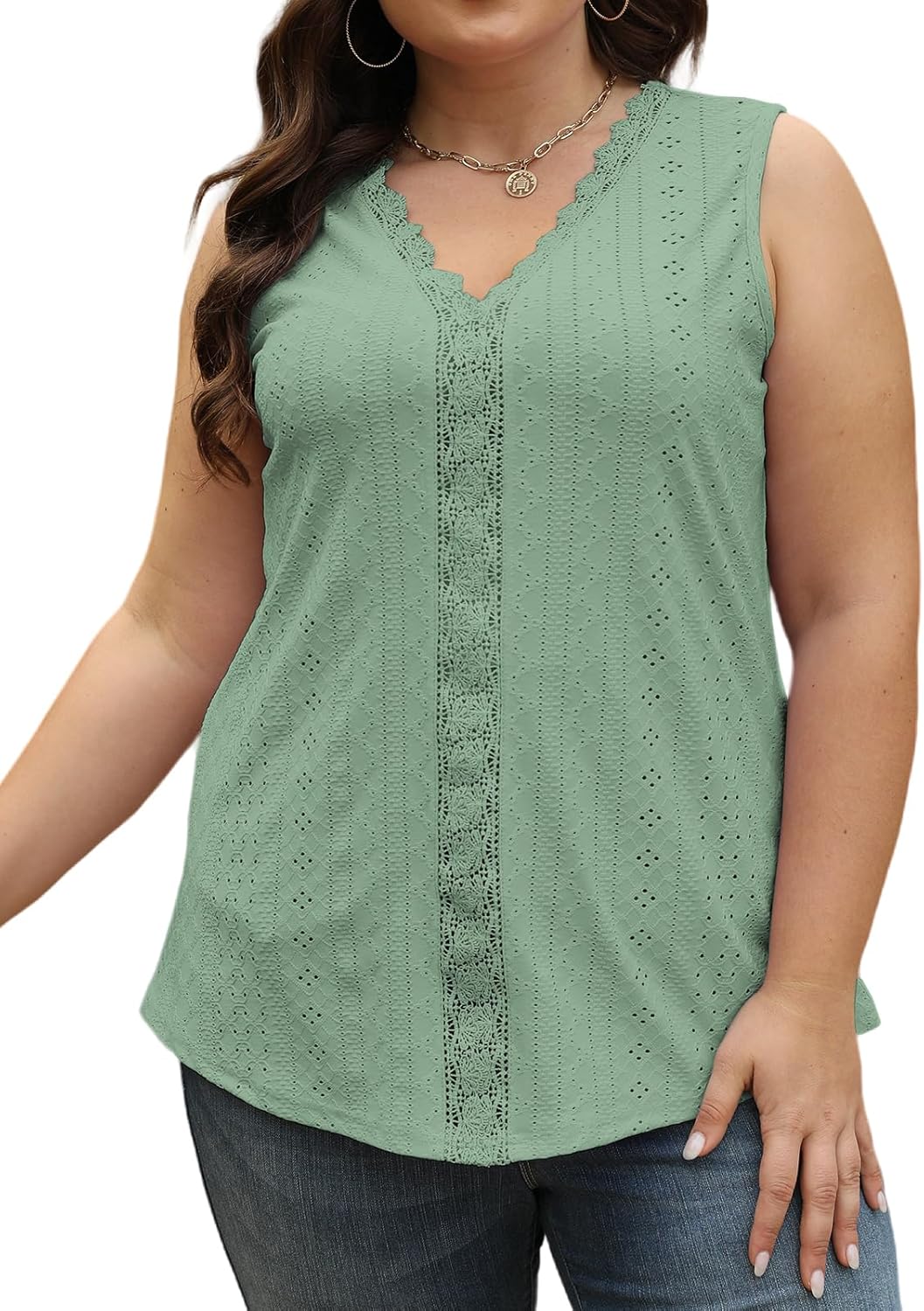 VISLILY Womens-Plus-Size-Summer-Tank-Tops Cute Lace V Neck T Shirts Casual Sleeveless Blouses Trendy Eyelet Tunics Tee - Image 2