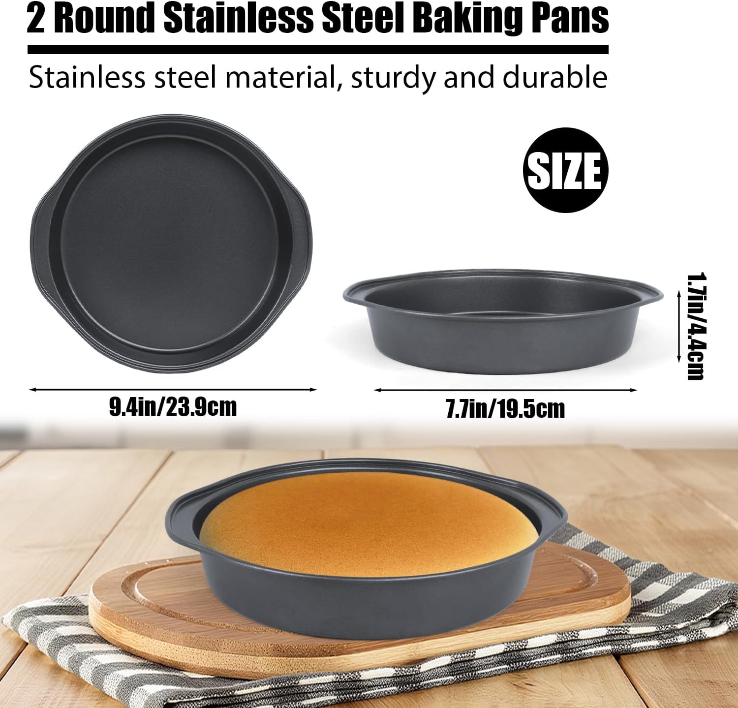 Round Cake Pans, 2 Pack 8 Inch Circle Cake Pan With Wide Handle Stainless Steel Baking Pan For Birthday Wedding Christmas, Steaming Serving