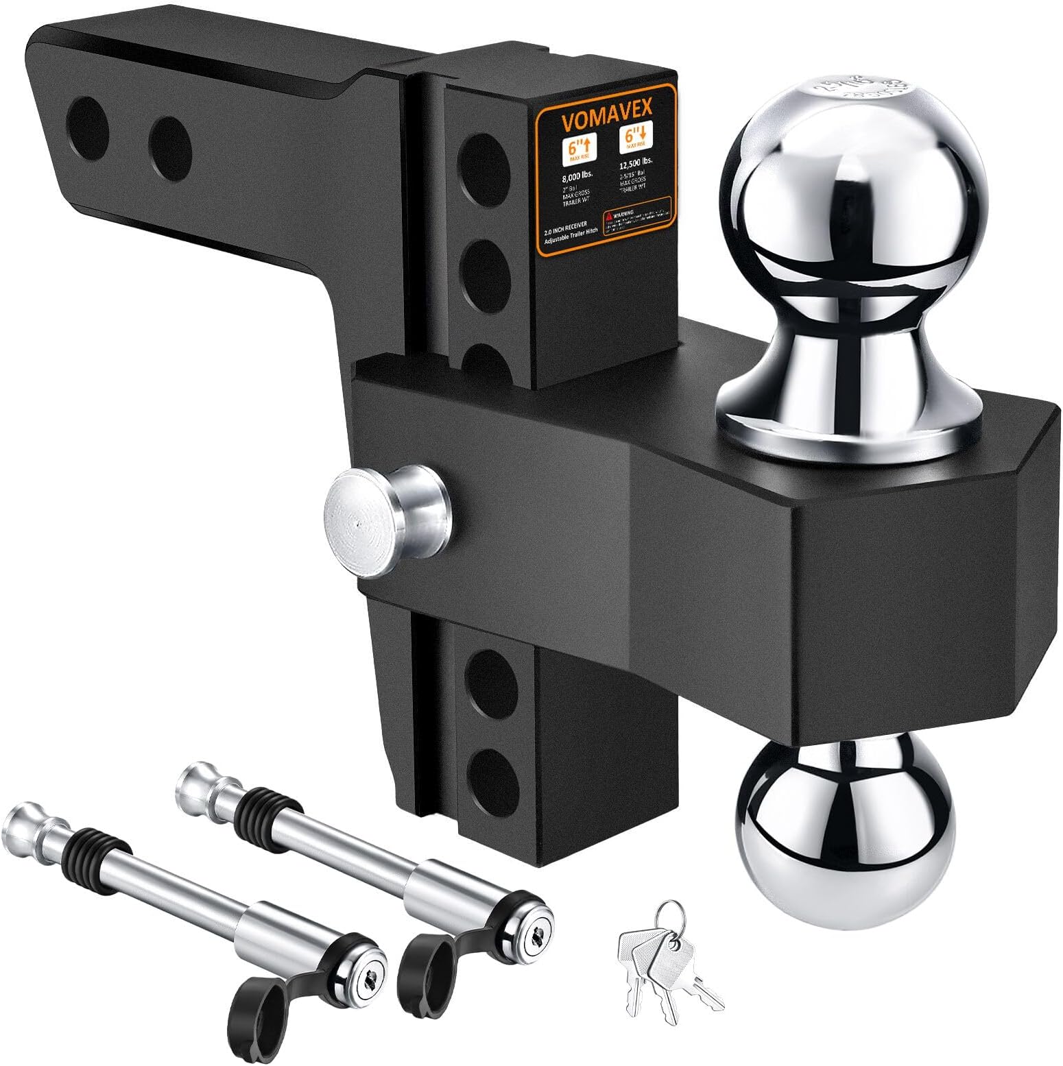Adjustable Trailer Hitch-Drop Hitch Fits 2.0inch Receiver -6" Drop/Rise Tow Hitch with 2" and 2-5/16" Tow Balls-12500GTW with Double Anti-Theft Pins Locks, Black