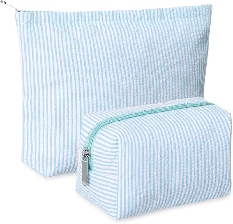 Huhumy Necessaires de Maquiagem em Seersucker Azul-claro com Listras Finas, Pacote com 2