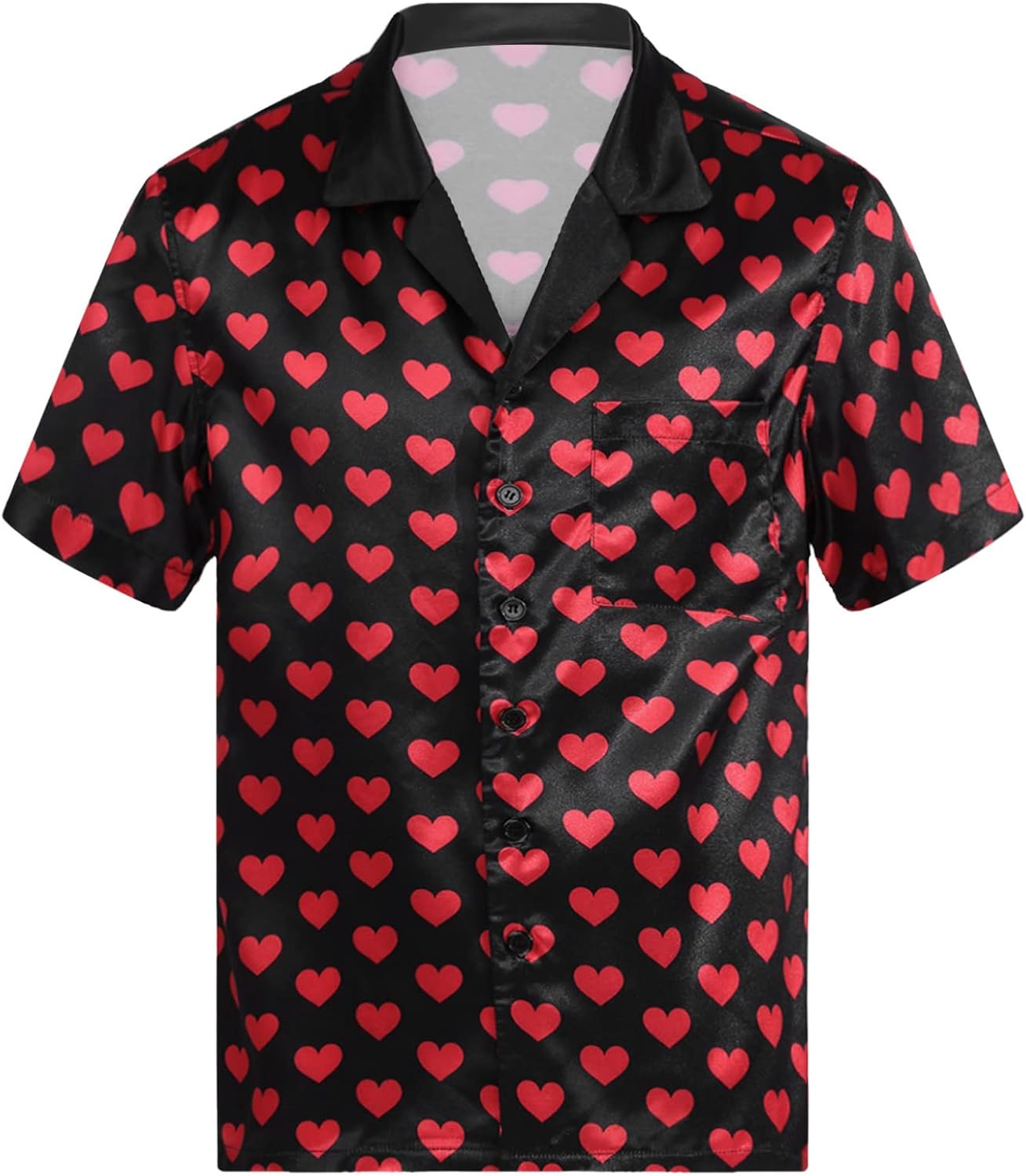 Men's Short Sleeve Heart Printing Satin Shirt Button Down Pajama Top Sleepwear Homewear