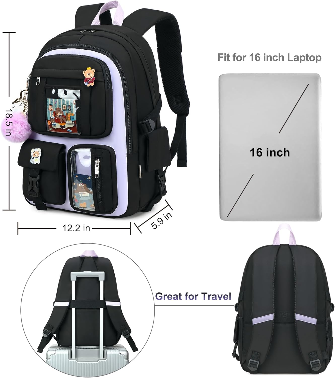 Backpack for Girls with Accessories Laptop Bookbags 16 Inch Kawaii Kids Elementary Middle High School Bag College Travel Daypack Gifts for Teens Women Students (Black Purple) - Image 5