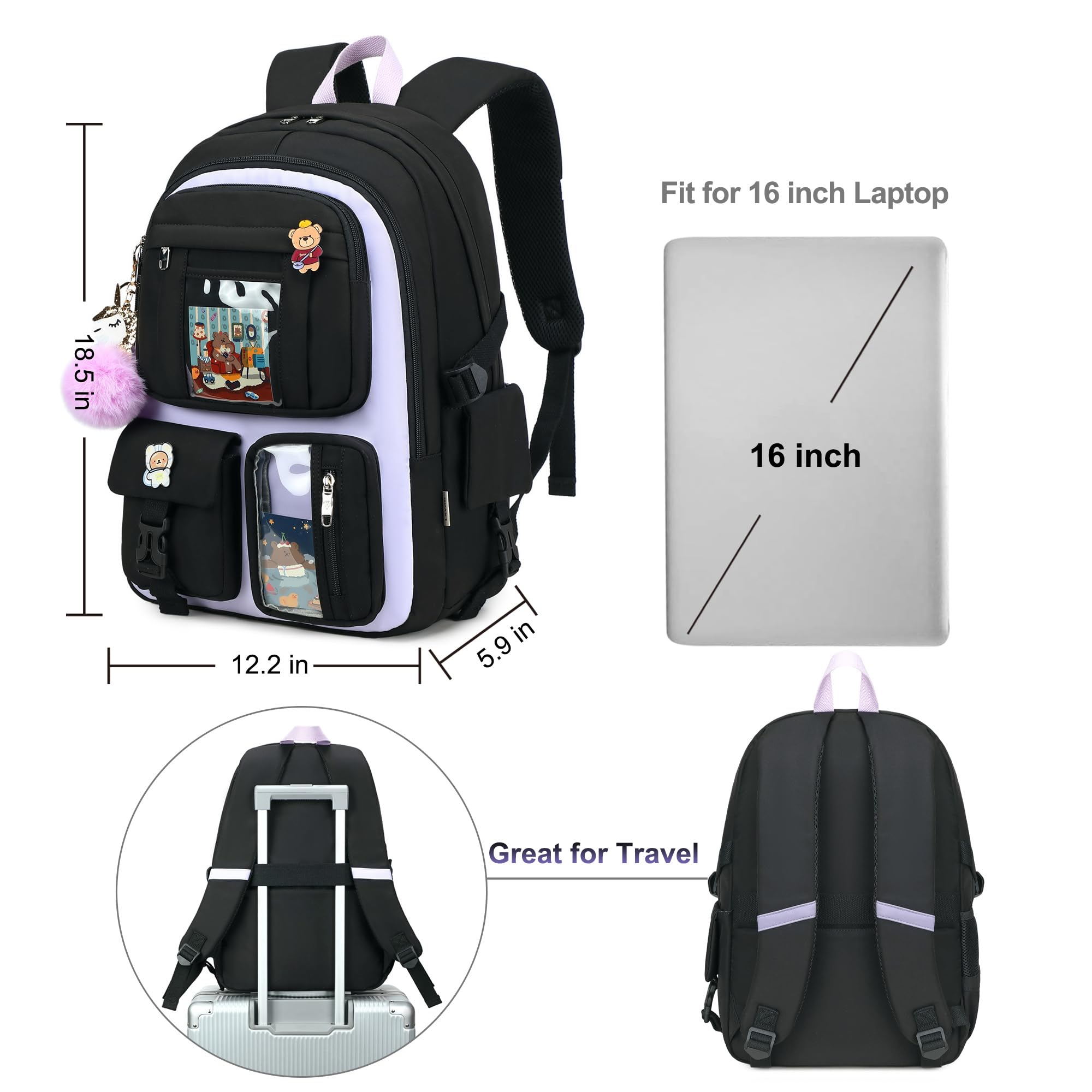 Zaino per ragazze con accessori per computer portatile Bookbags 16 pollici Kawaii scuola borsa college viaggio zaino per ragazzi