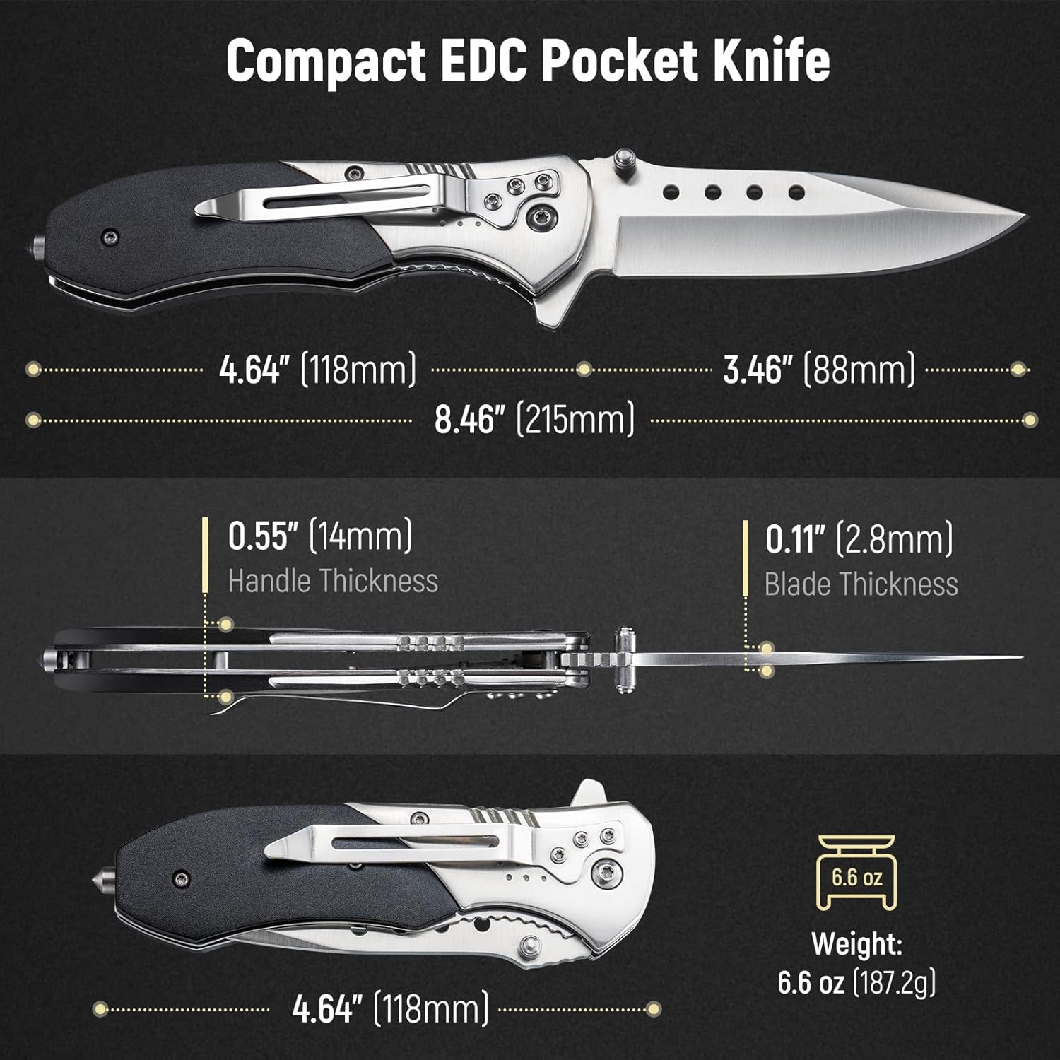 KEXMO Pocket Folding Knife - 3.46" Sharp Blade Tactical Pocket Knife with Clip, Glass Breaker - EDC Knives for Men Dad Women Hunting Survival Camping Fishing Hiking, Silver