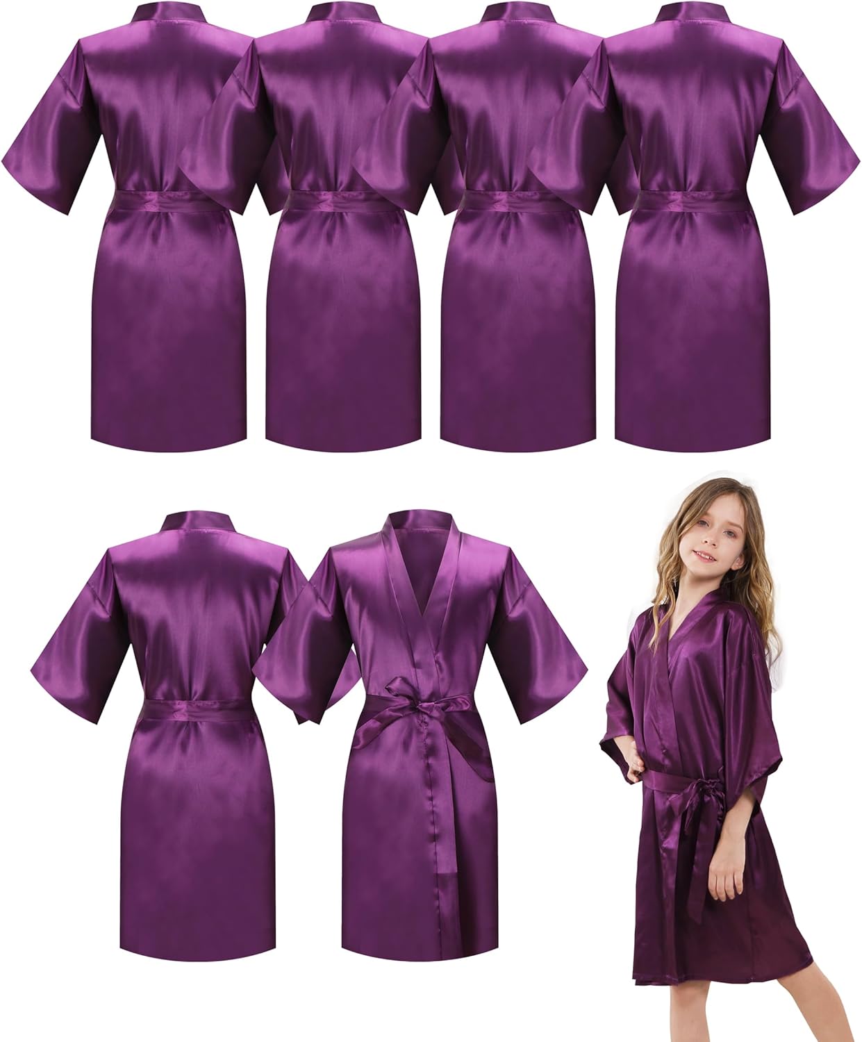 6 Pieces Girls Kids Silky Satin Solid Color Short Kimono Robes for Wedding Birthday Party Spa