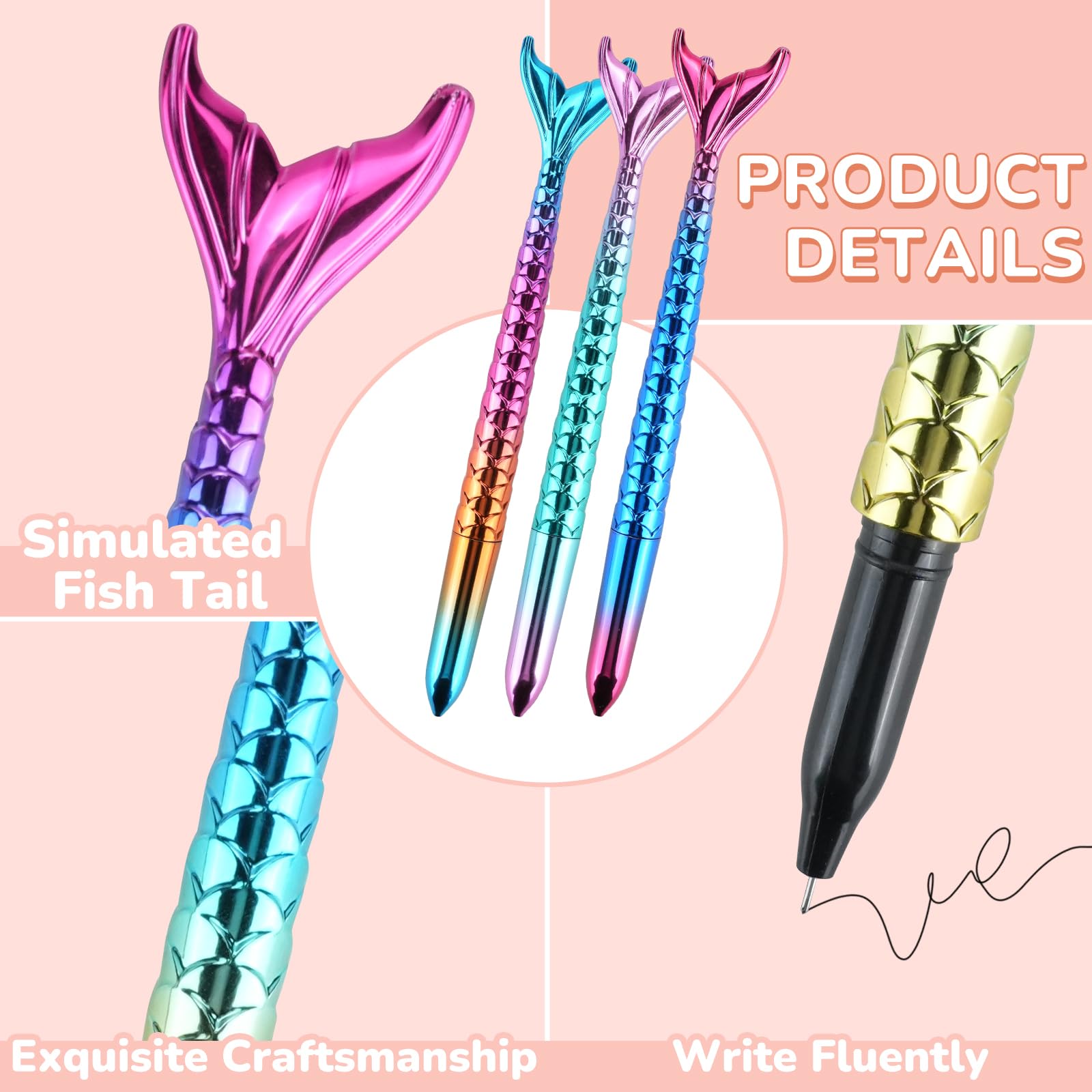 Stylos Sirène 6 Pièces - Forme Queue De Poisson, Encre 0,5 Mm Noire, Design Coloré Pour Enfants Et Filles