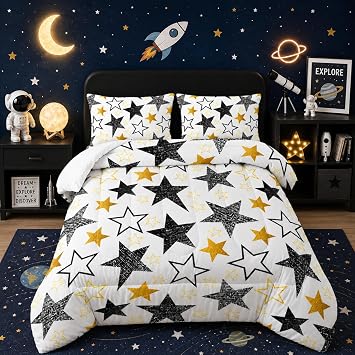 Colorful Pentagram Stars Comforter 3Pcs Twin Gradient Starry Bedding Set | Suitable for Kid Teen Girl Boy Adult Golden Black Art Sparkling Sky Star Quilt Bed Decor Includes 1 Comforter+2 Pillowcases