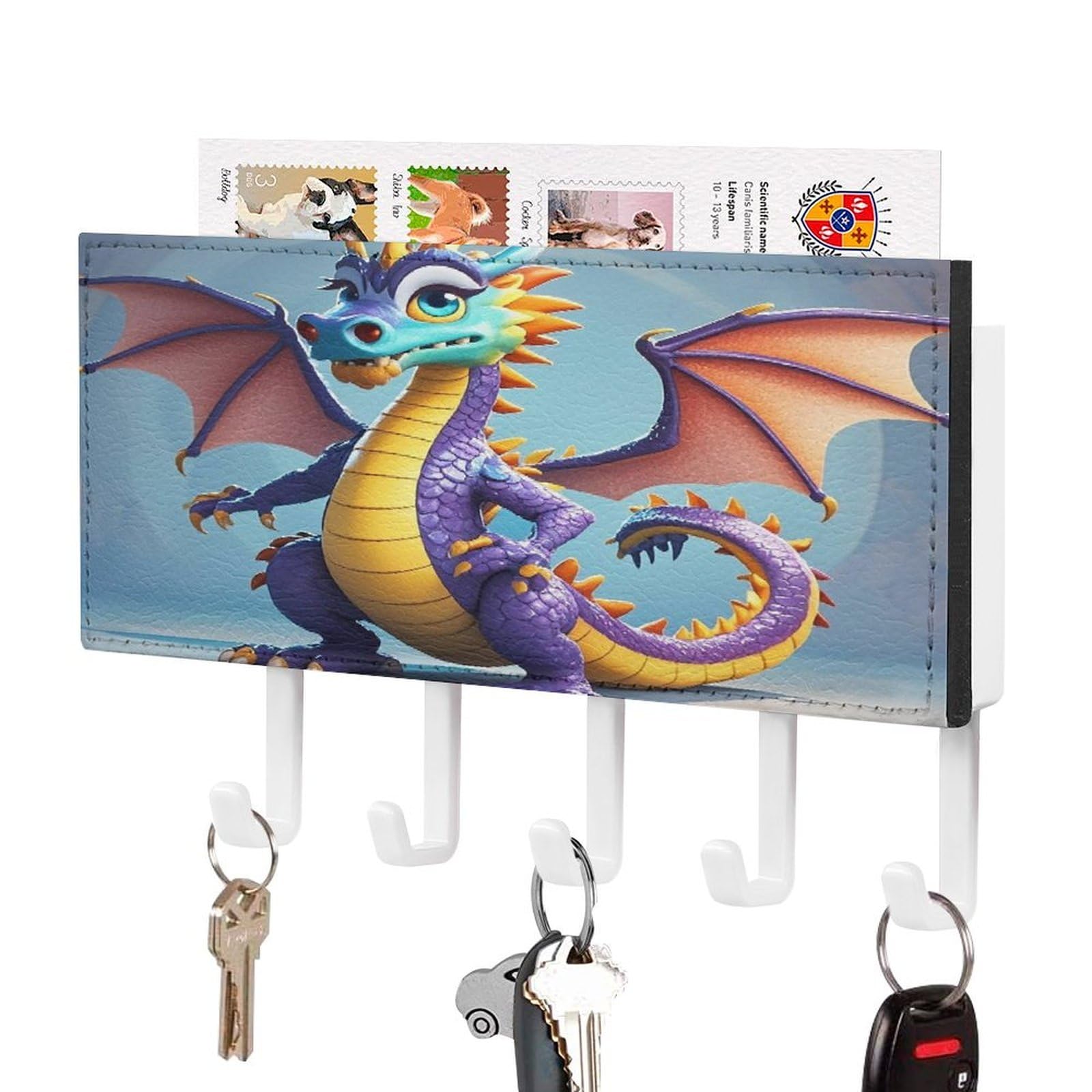 Fekiloot White-Style Cartoon Dragon Key Holder Wall Mount Key Hanger With 5 Hooks Decorative Key Rack Hanging Key Hooks With Mail Organizer Key Holder For Wall Living Room Kitchen Bathroom Hallway White