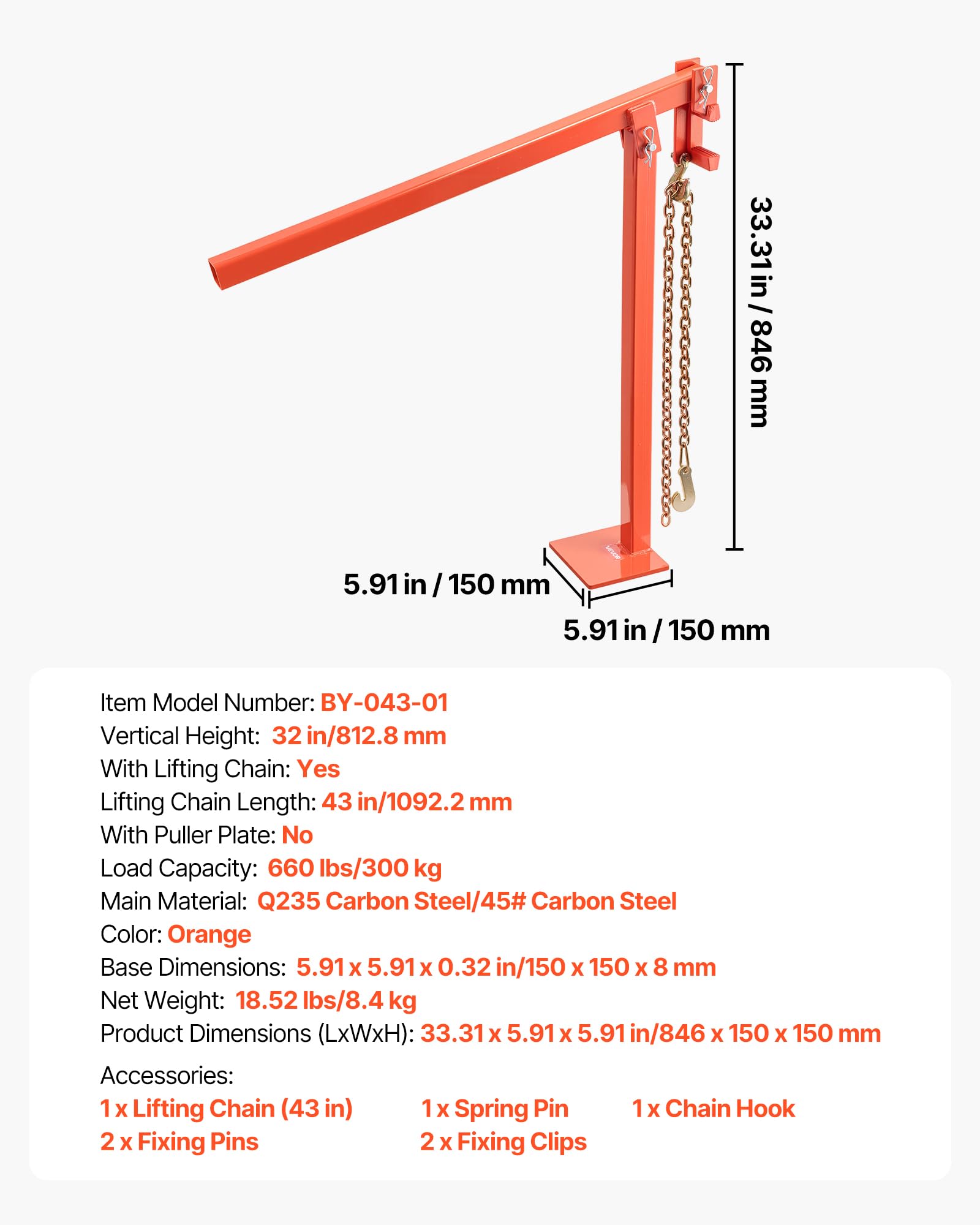 VEVOR Extracteur de Poteau de Clôture 780,8 mm, Extracteur de Pieux en T Acier Robuste, avec Chaîne de Levage 1092,2 mm, Outil d'Extraction pour Poteaux de Clôture Ronds, Poteaux de Signalisation