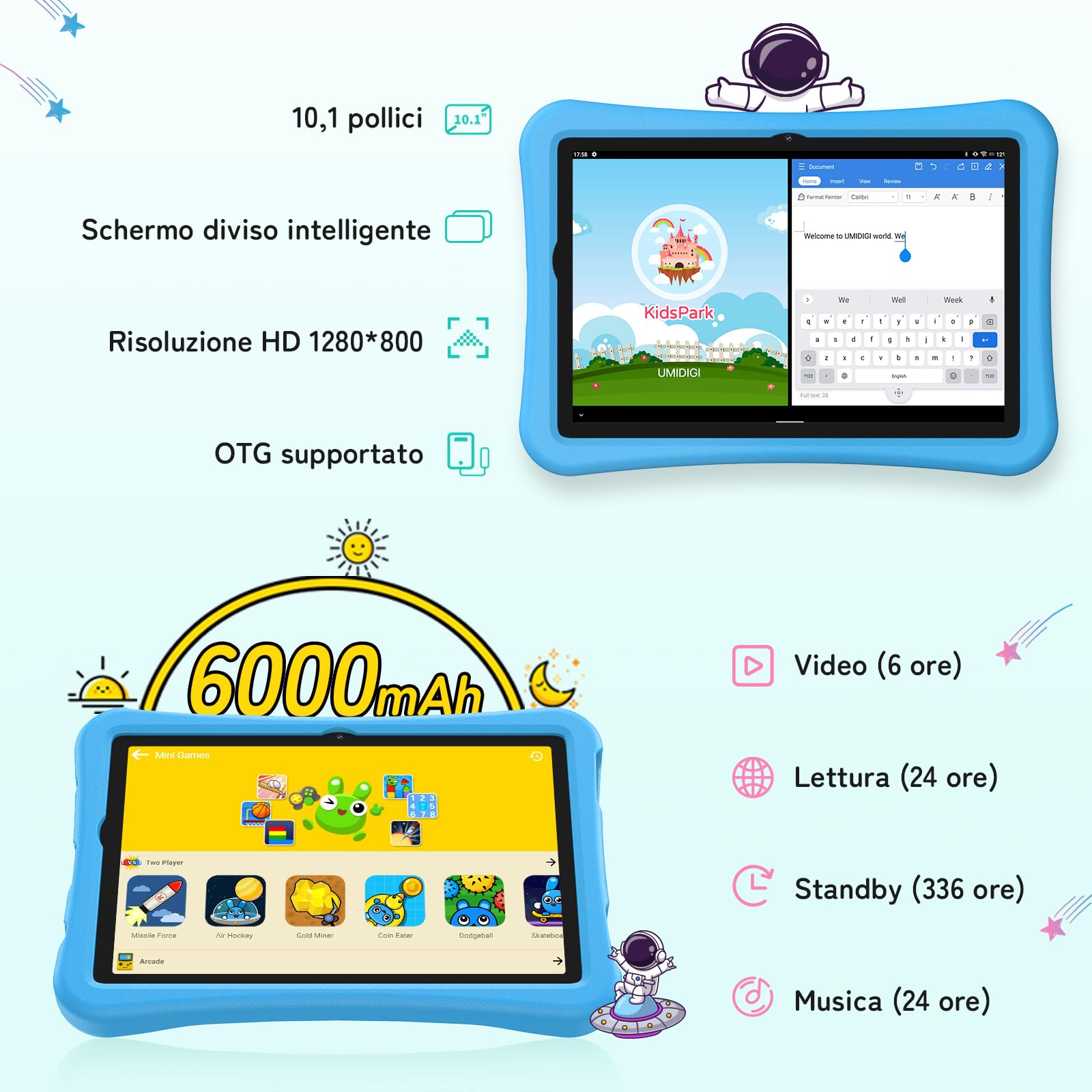 UMIDIGI Kinder Tablet 10,1 Zoll Android 13, G2 Kindertablet AB 3 Jahre 8GB(4+4) RAM+64GB ROM/1TB, Augenschutz 1280 * 800HD, WiFi6, 6000mAh 8MP+8MP mit Eva Etui/OTG/Type C-Blau