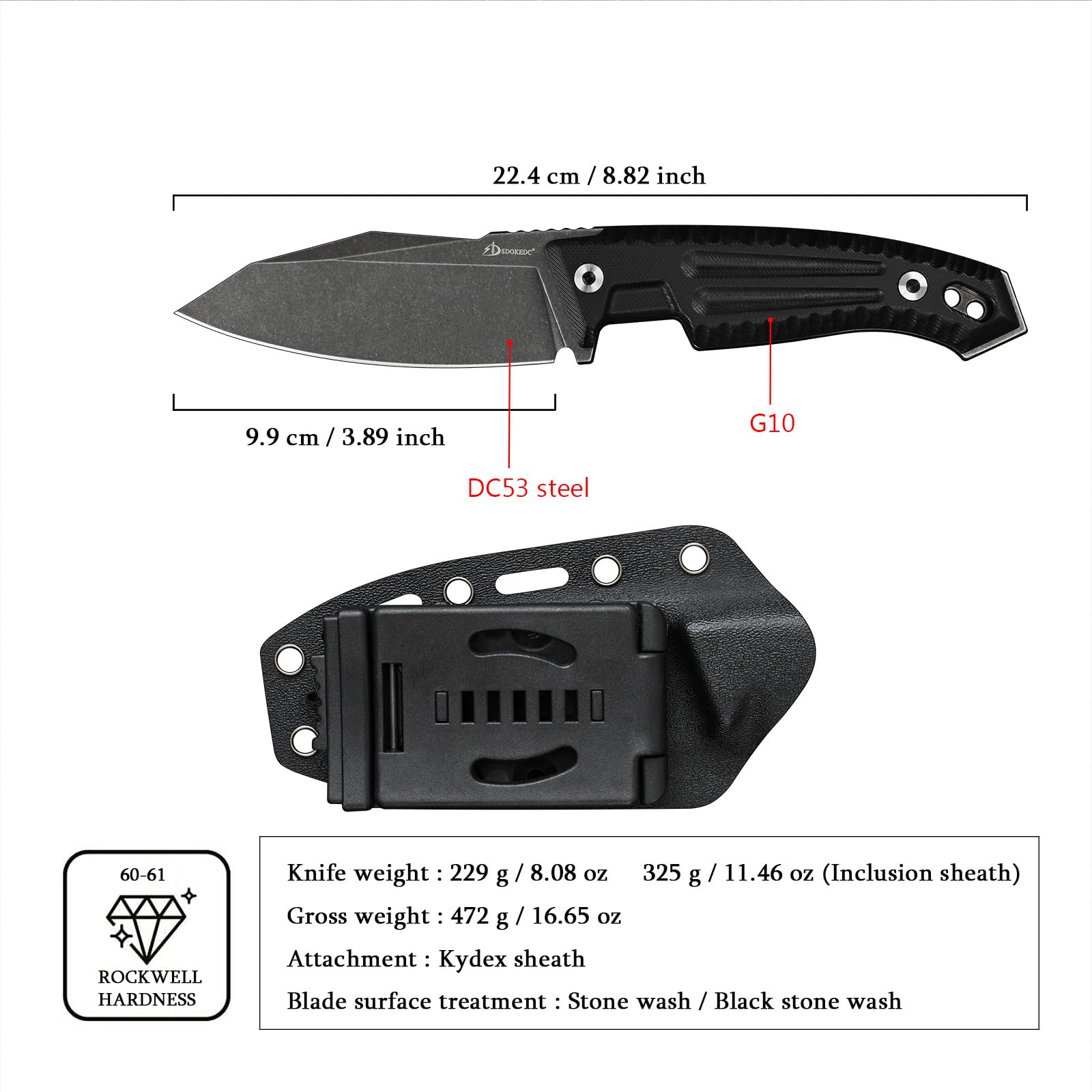SDOKEDC Knives 3.89“ DC53 Steel Tactical Fixed Blade Knife G10 Handle with kydex sheath for Men EDC Outdoor Camping Survival Hunting (Black Stone Wash)