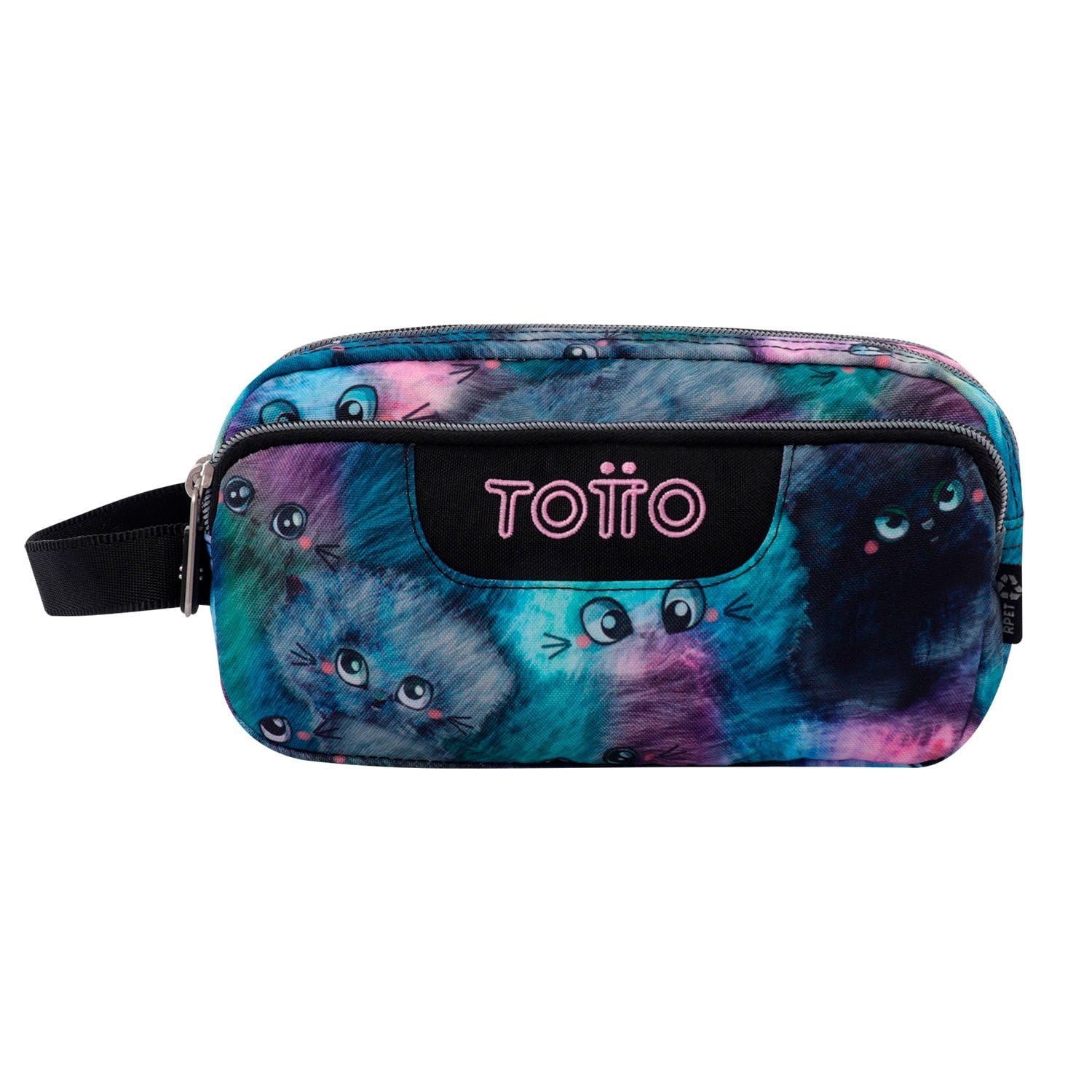 TOTTO - Estuche Escolar 3 Compartimentos, Modelo Agapec, Estuche Grande, Dimensiones 23 x 11.5 x 10.5 cm, Asa Lateral, Tiradores Ergonómicos con PVC, Tejido Resistente, Estampado Kitten Multicolor