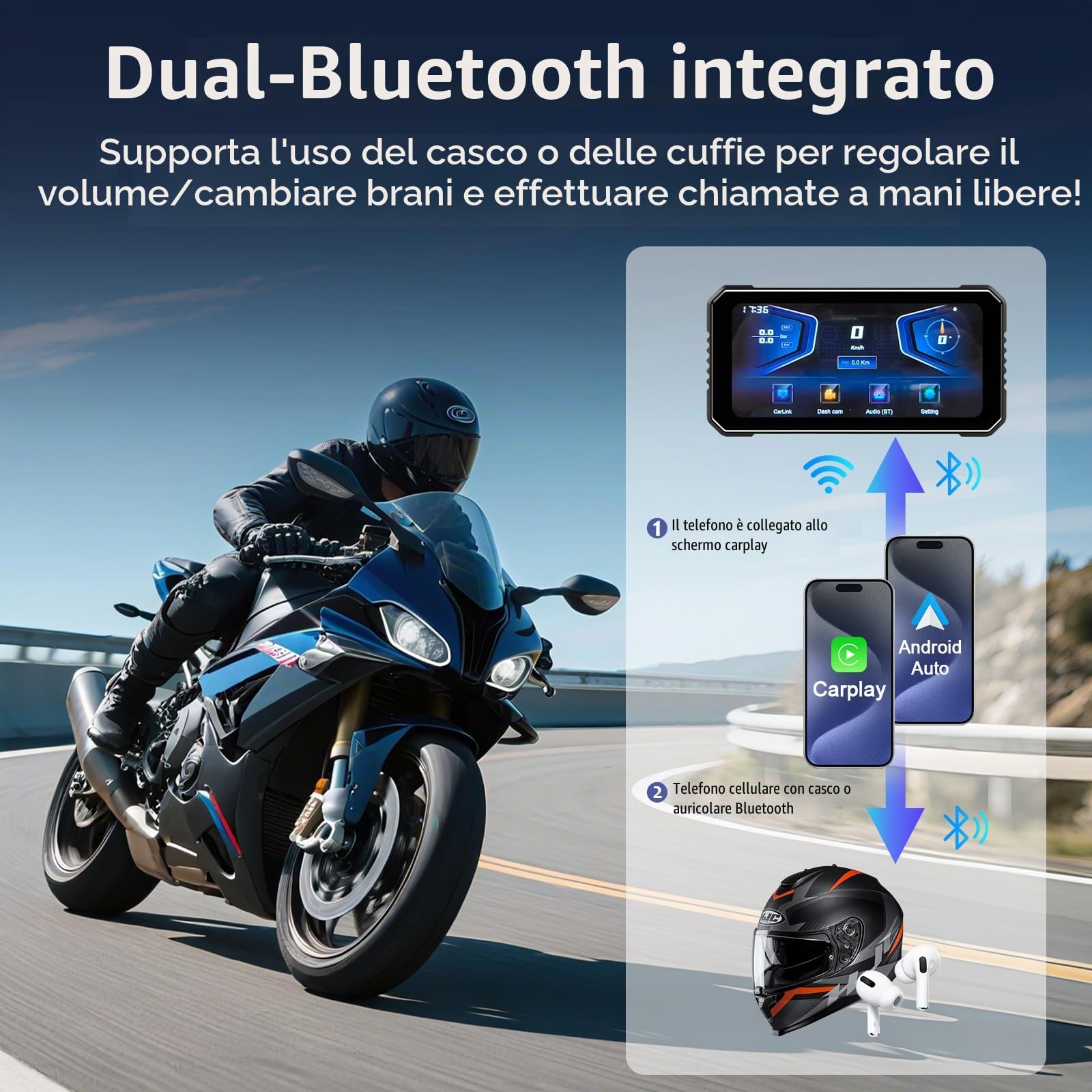 Vtopek Carplay Moto 6,25 Pollici Dashcam 4K+1080P Dual Camera Impermeabile Navigazione GPS Bluetooth Siri 64GB