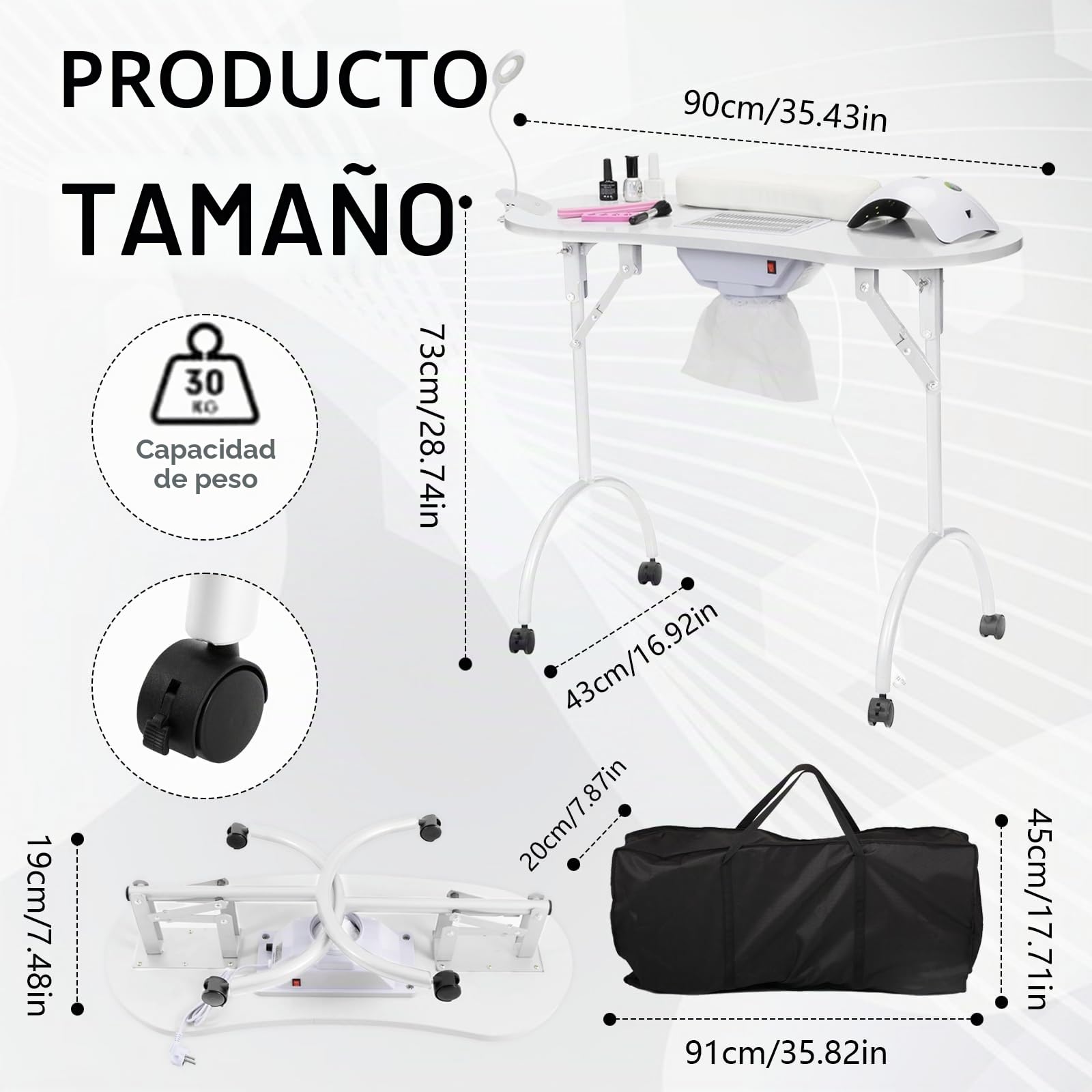 Mesa Uñas, Mesa Manicura Plegable Mesa Manicura Con Ventosa 90x44x72cm Mesa Manicura Con Aspirador Uñas Mesa Manicura Móvil Con LáMpara De Uñas Con Clip LED USB Regulable Bolsa Transporte 4 Ruedas