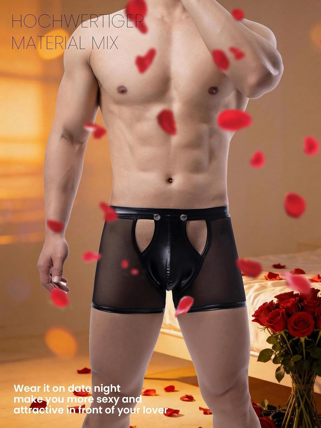 Men's Sexy Boxer Shorts Removable 3D Pouch Mesh Faux Leather Underwear