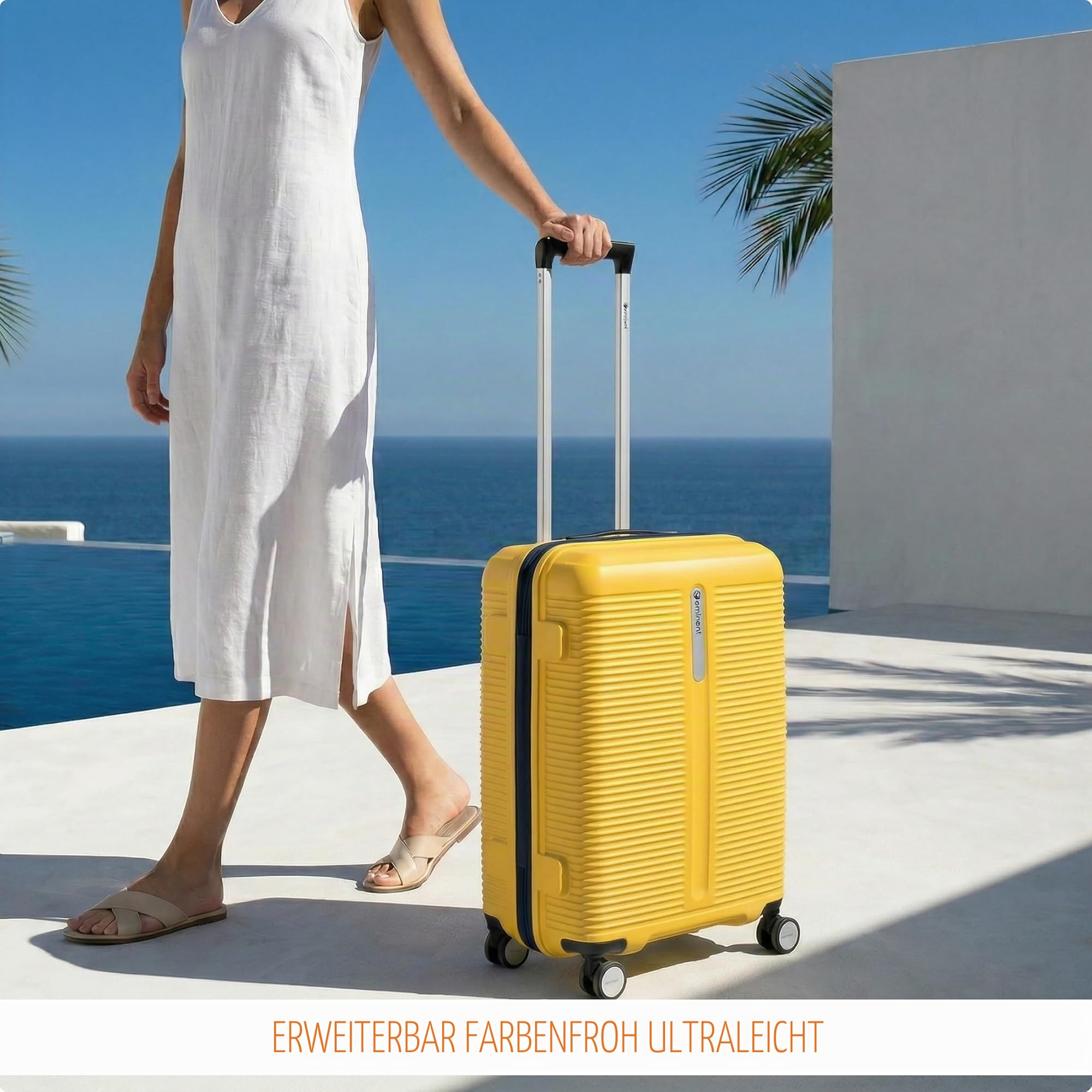 Eminent Finno Koffer Mittelgroß leicht, Hartschalenkoffer Trolley | Reisekoffer mittelgroß, 3,0 kg leicht, 73L, 4 Rollen, erweiterbar 66x46x26 auf 30, TSA Schloss, Polypropylen, Gelb