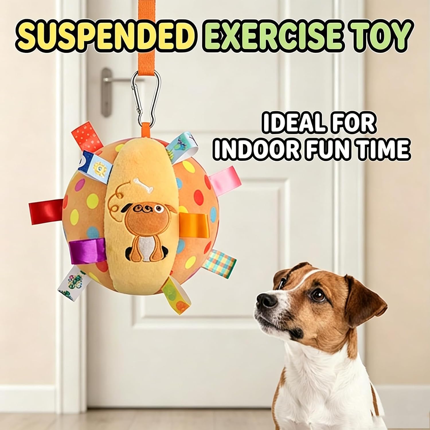 Colorful Squeaky Hanging Dog Training Toy, Squeaky Hanging Dog Toy, Dogs Ball with Ribbons and Bell, Pet Interactive Fetch Toys for Small Medium (Dog) Dog Training Toy