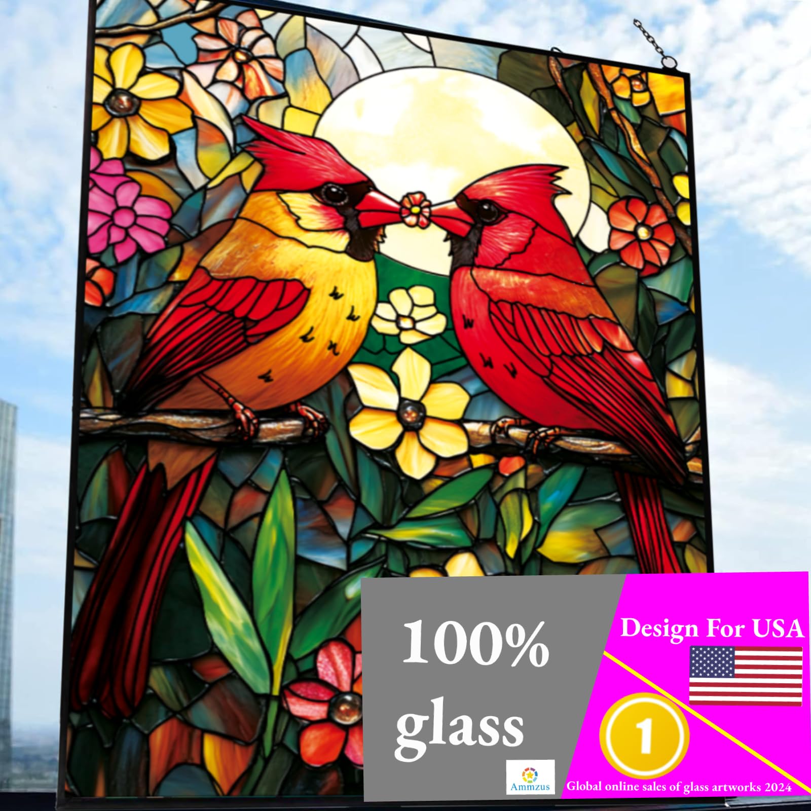 W10 x H15 Cardinal Stained Glass Suncatcher – Handcrafted Red Bird Sun Catcher for Indoor Windows, Stained Glass Window Hanging for Nature Lovers, Painted Glass Panel Decor, Ideal Gift for Women