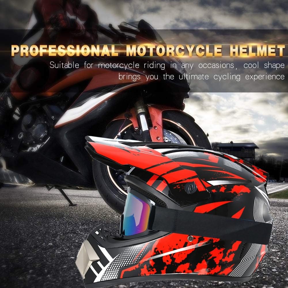 Gioventù Bambini Casco da Motocross, con Occhiali Guanti Maschera, Unisex Comodo Integrale Fuoristrada ATV Scooter Moto Caschi, Discesa Enduro BMX MTB Dirt Bike Incidente Casco
