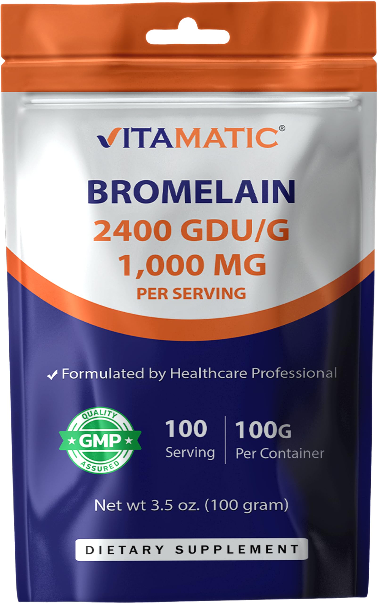 Vitamatic Bromelain Powder 1000mg pro Servierung - 2400 GDU/g, Proteolytische Enzyme, unterstützt Verdauung von Proteinen, 100 Gramm - 100 Servierungen (Scoop Included)