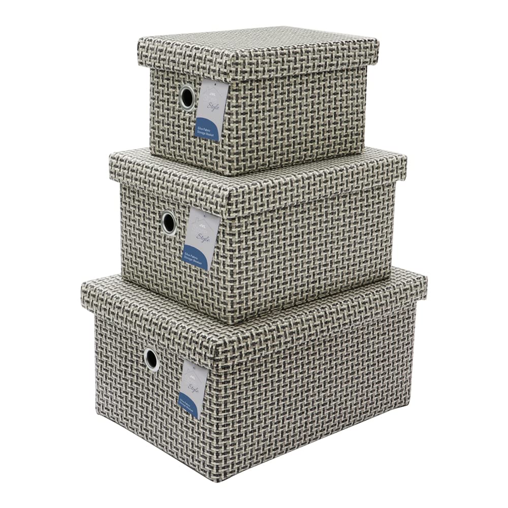 JVL Silva Rectangular Fabric Storage Baskets with Lids, Set of 3, Grey