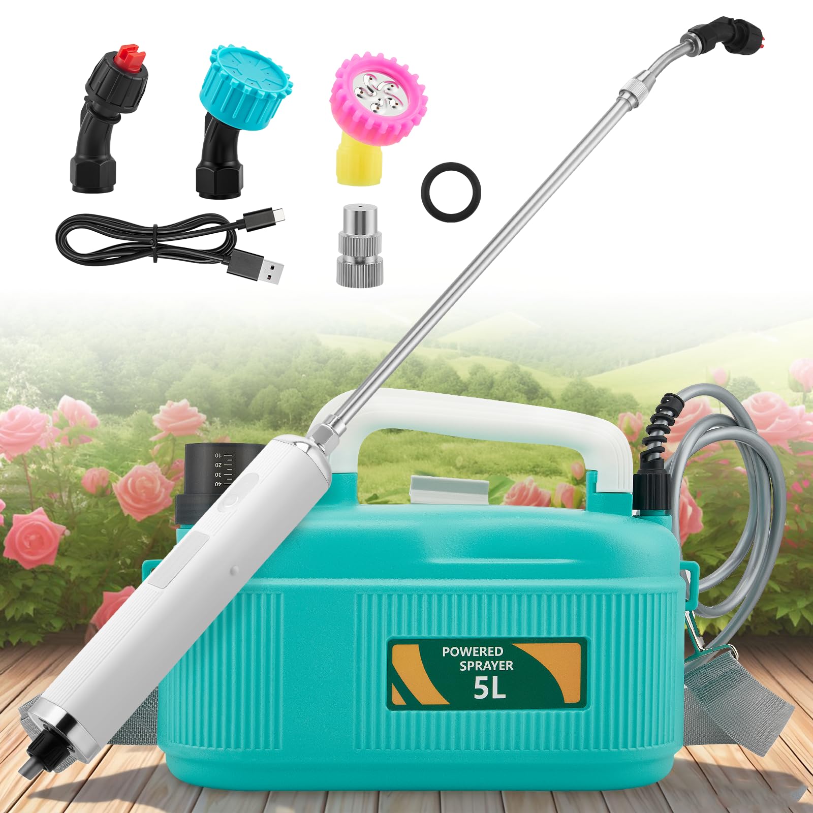 Spruzzatore a pressione a batteria elettrico da 5 litri - Spruzzatore per piante con 3 ugelli regolabili e batteria da 4000 mAh - Spruzzatore da giardino ricaricabile tramite USB con asta telescopica
